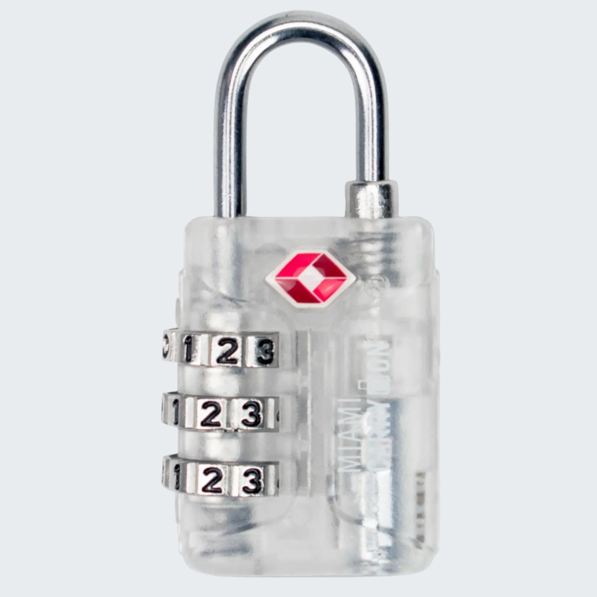 Clear combination lock with a visible brand logo on a white background