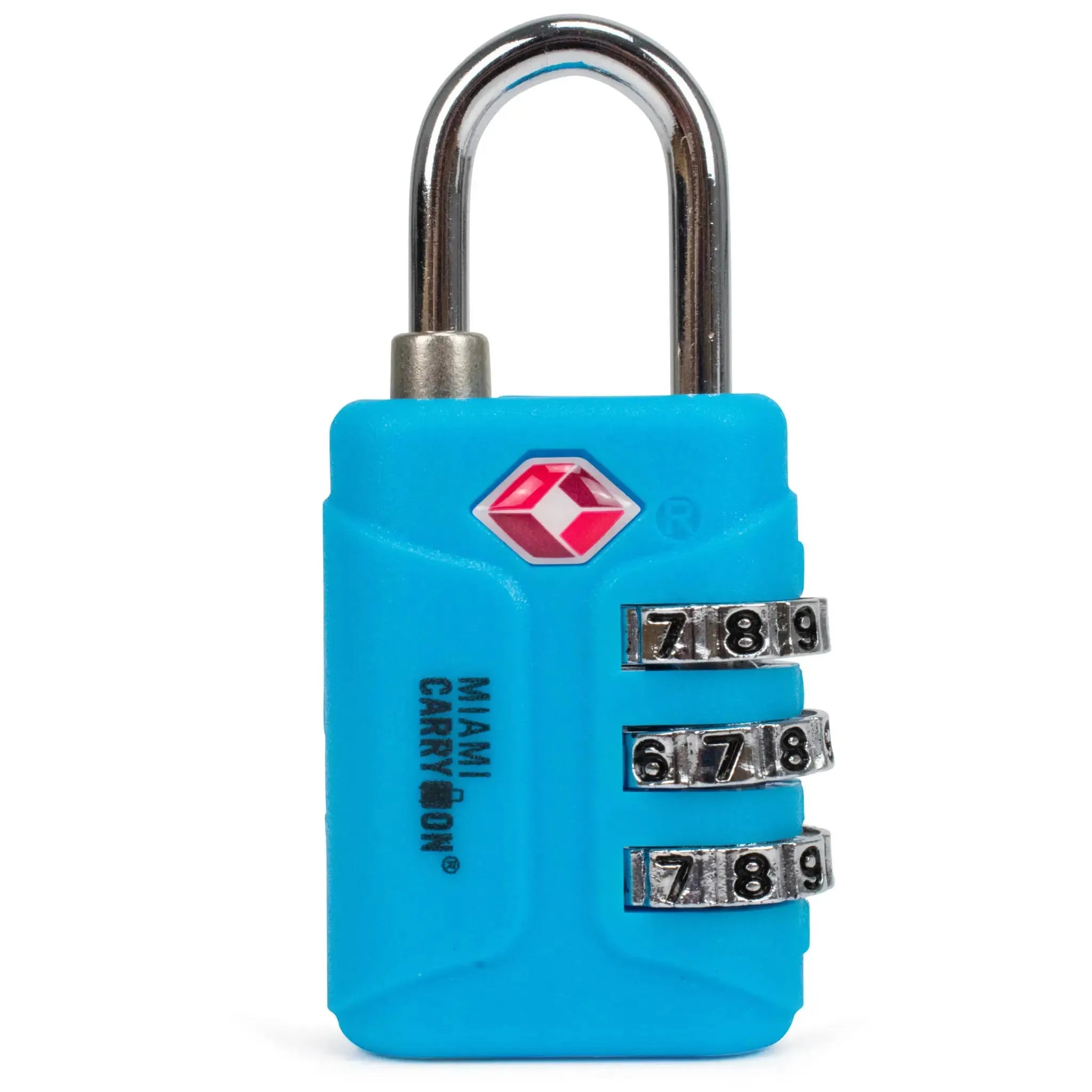 Blue combination lock with metal shackle on a white background