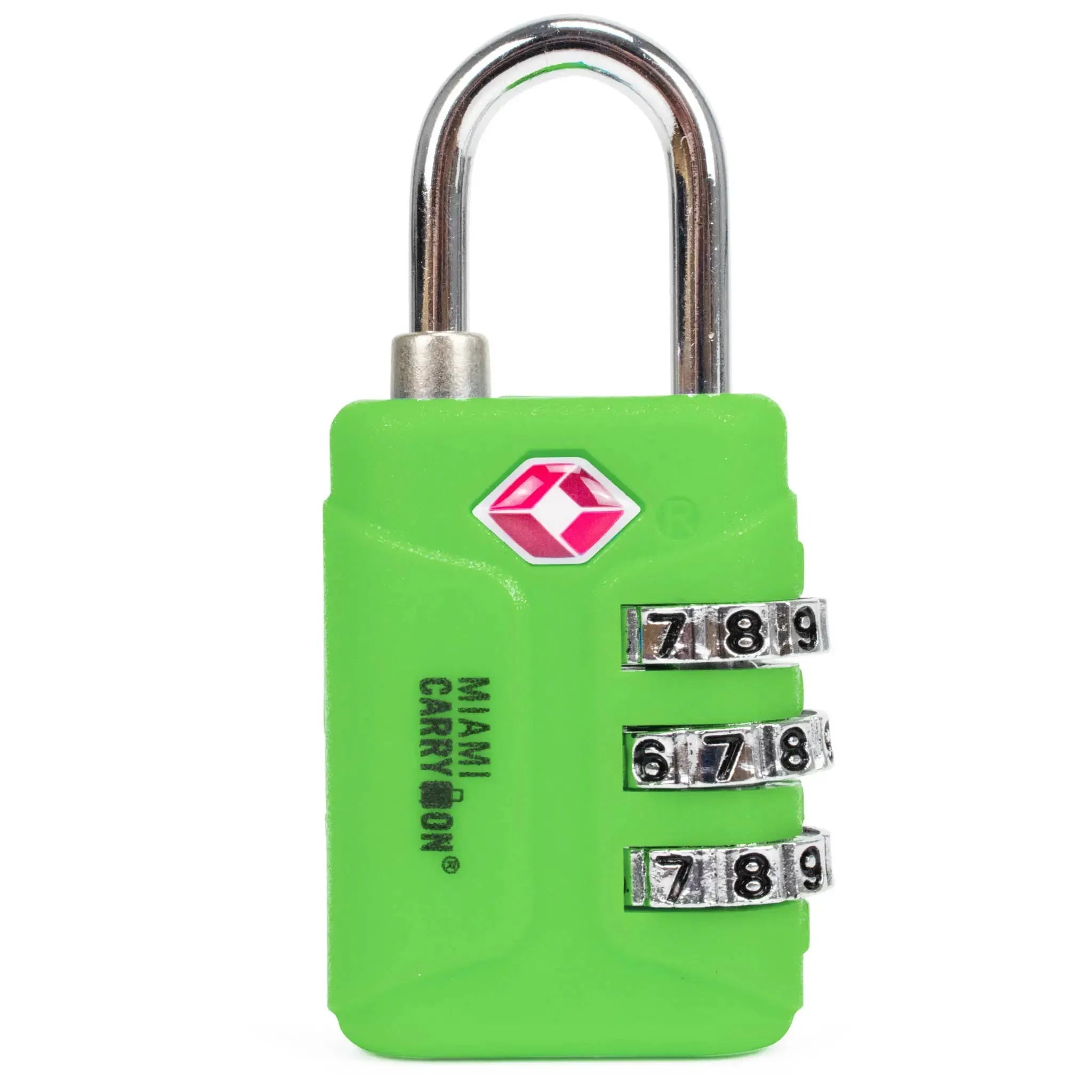 Green combination lock with metal shackle on a white background