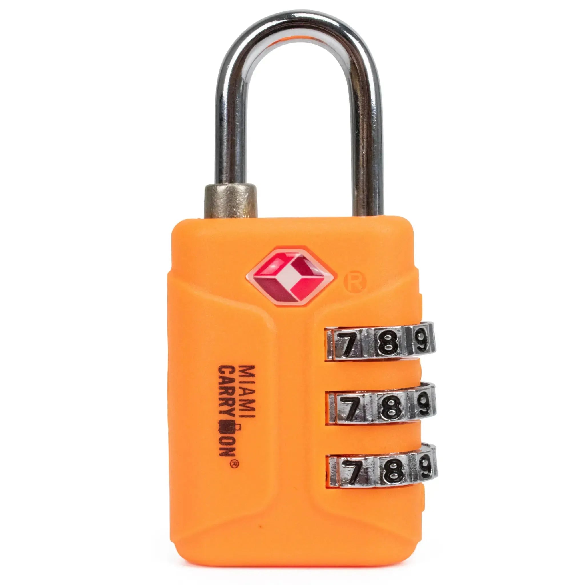 Orange combination lock with metal shackle on a white background