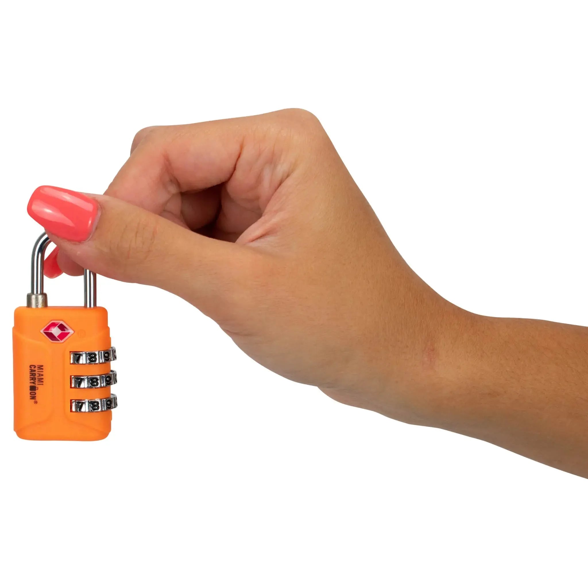 Hand holding an orange combination lock on a white background