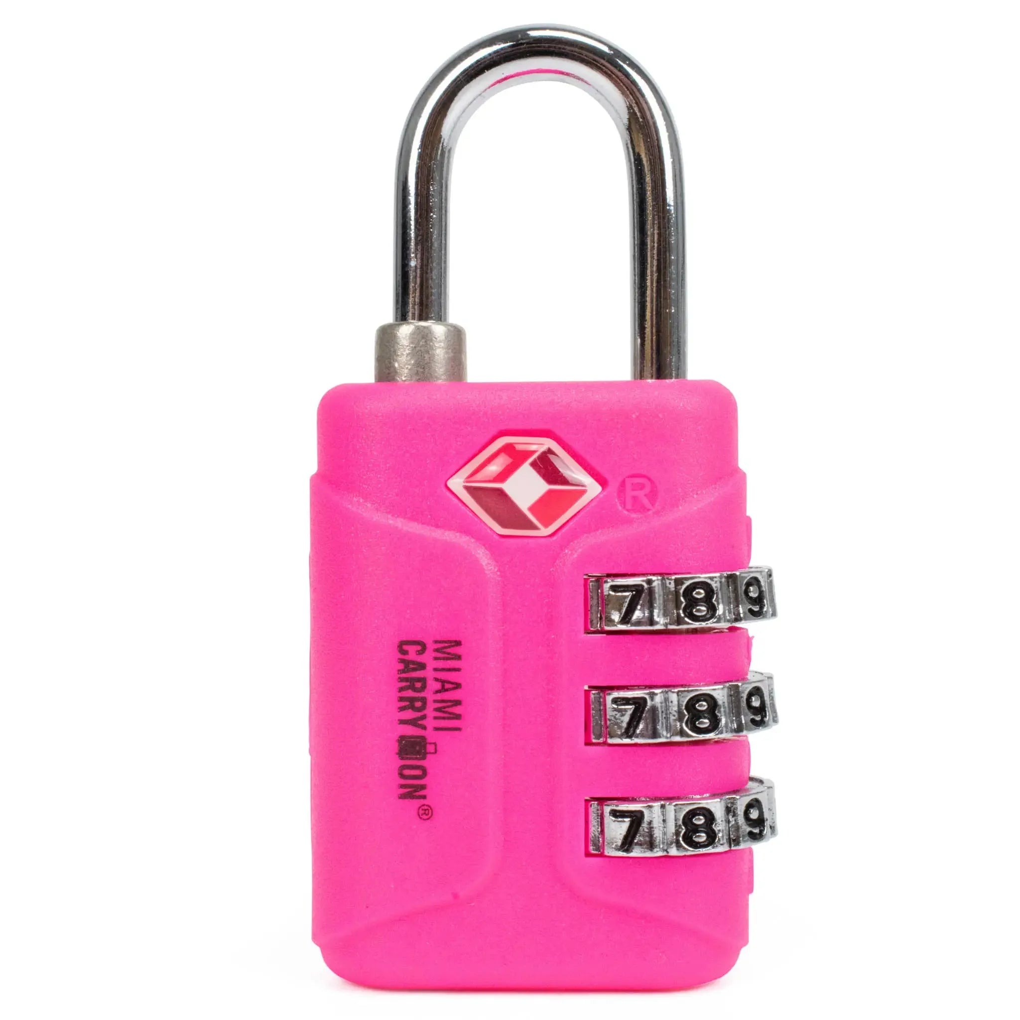 Pink combination lock with metal shackle on a white background