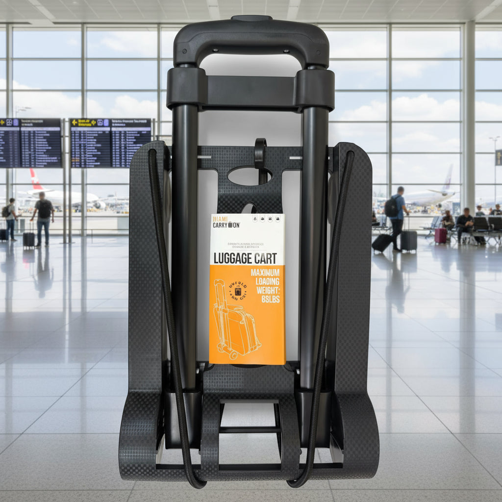 Black luggage cart with an orange label on a white background