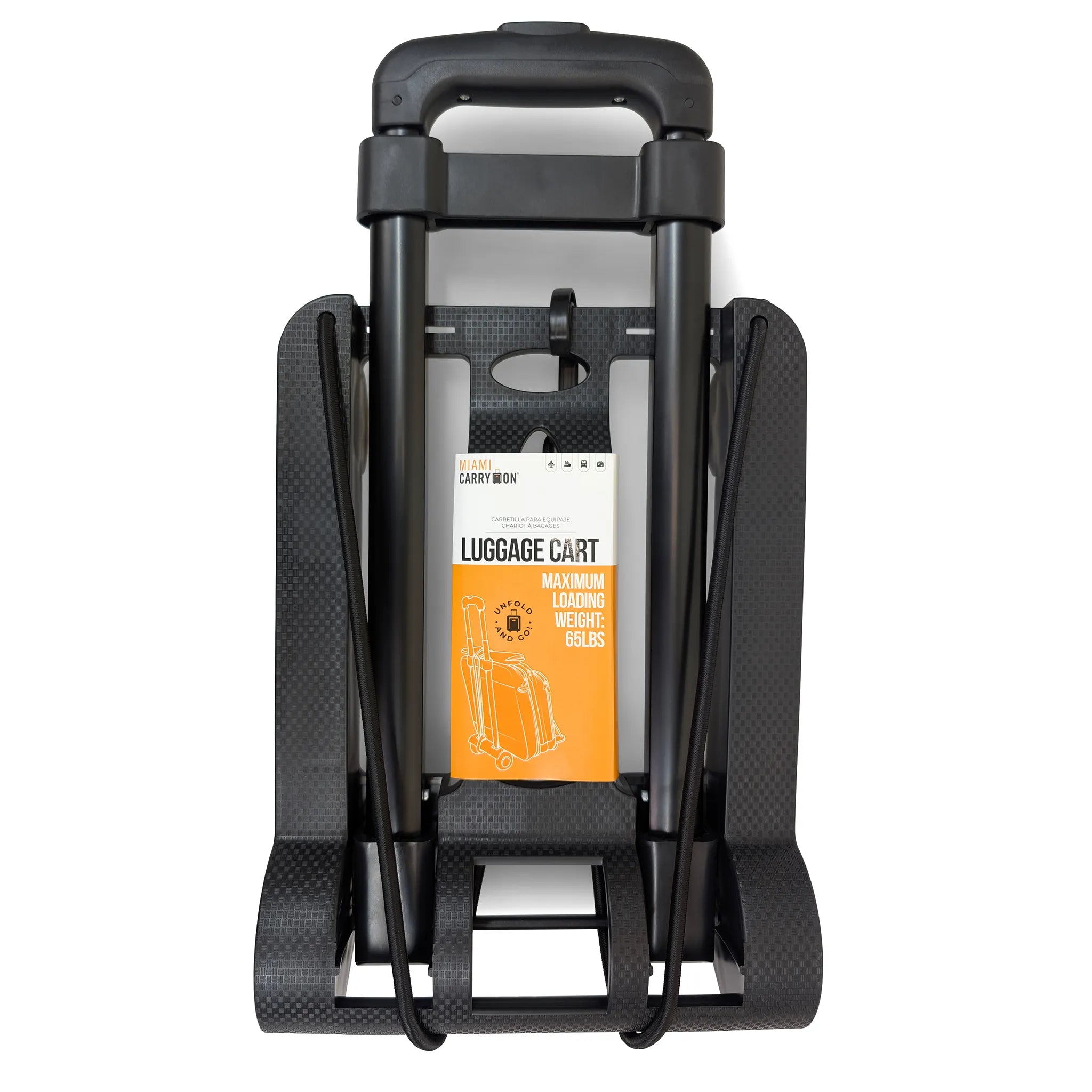 Black luggage cart with an orange label on a white background