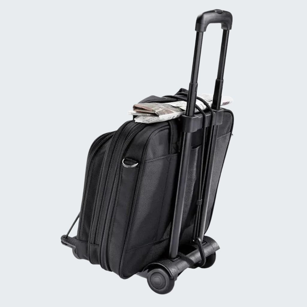 Black rolling suitcase with a handle on a white background