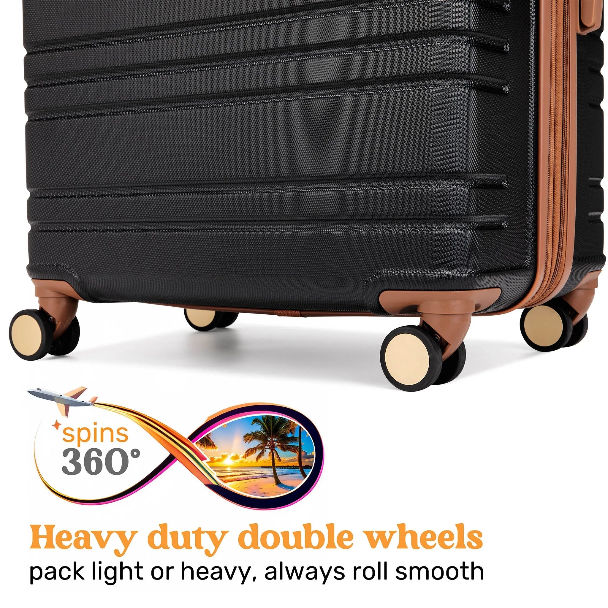Black suitcase with brown accents and 360-degree wheel feature on a white background