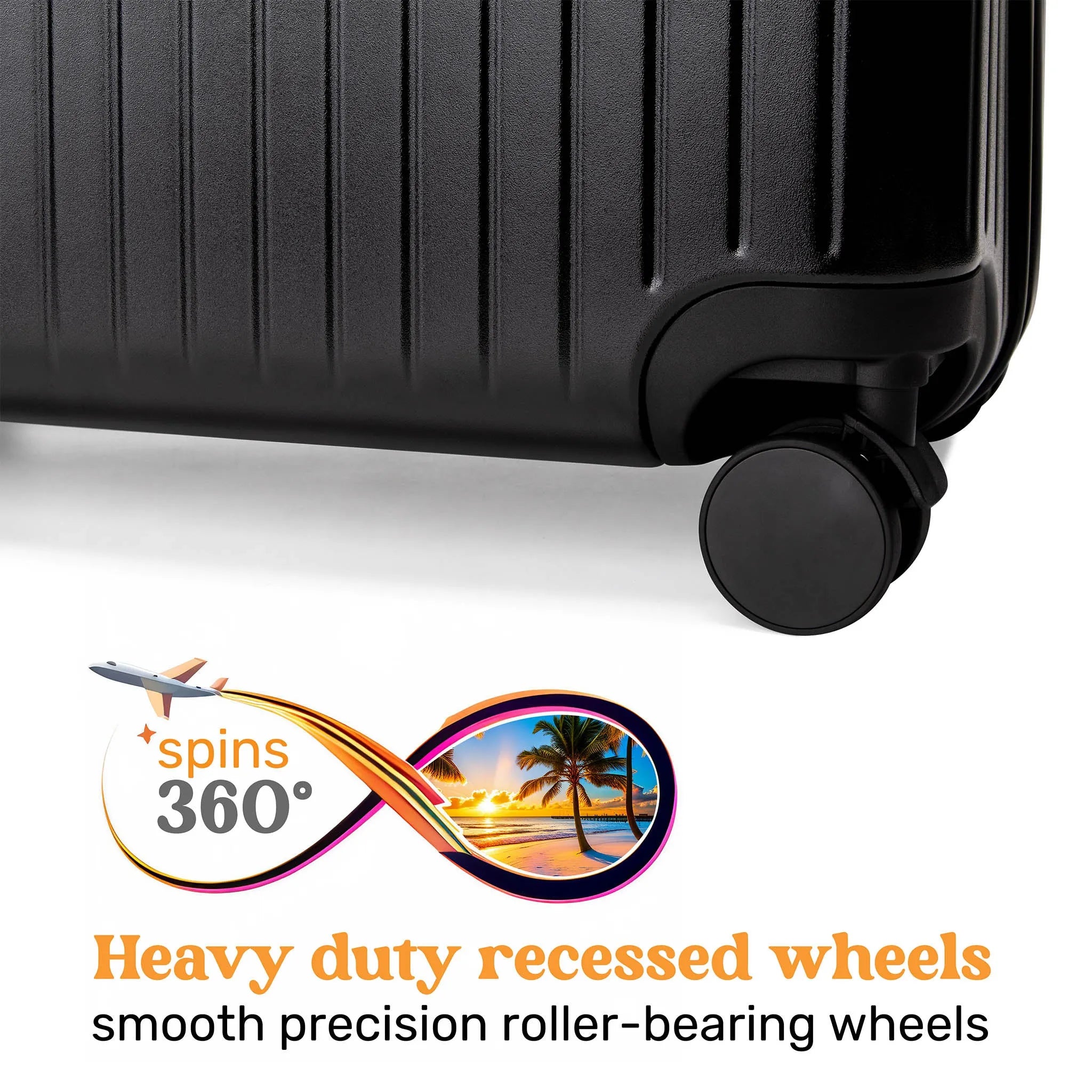 Black suitcase with 360-degree spinning wheels on a white background
