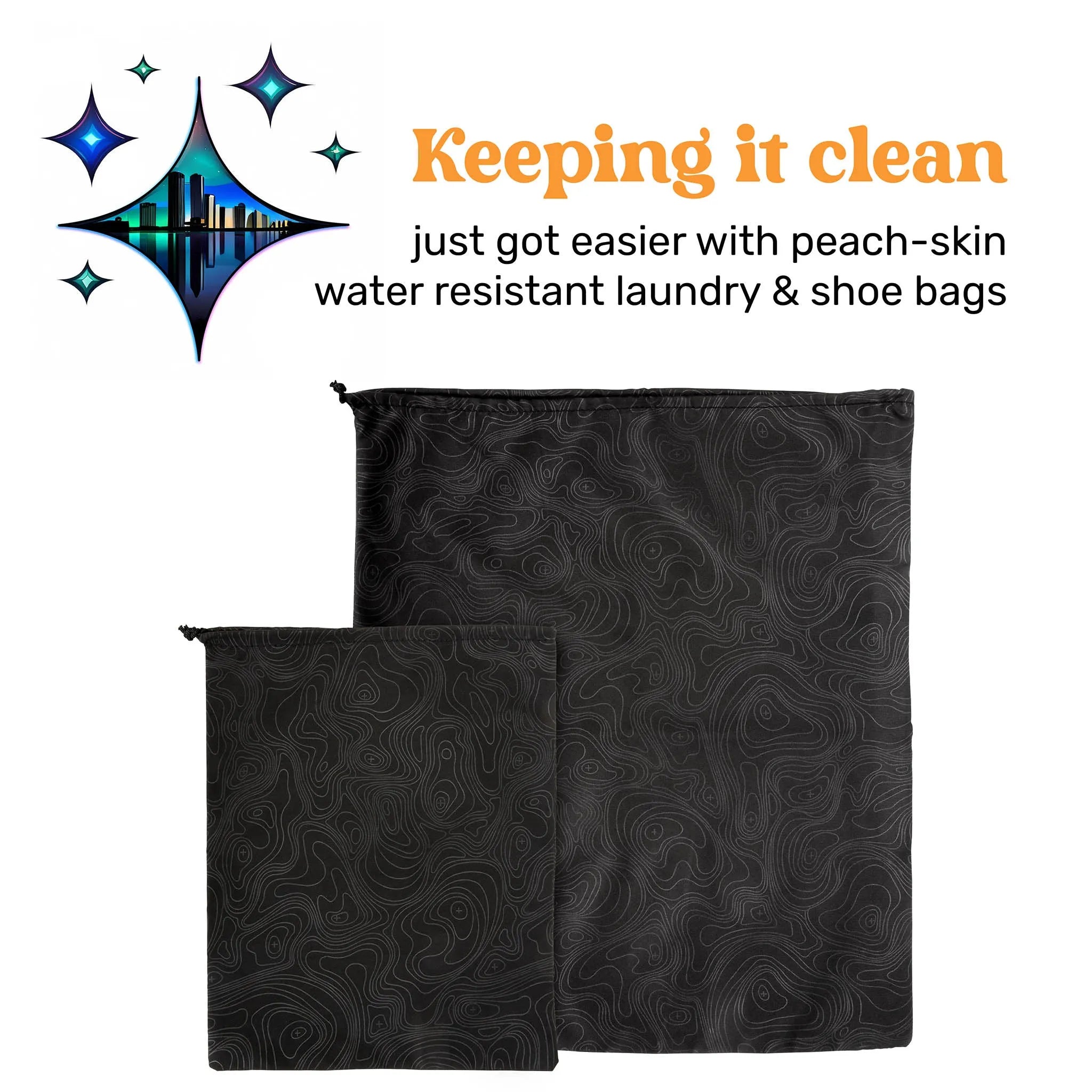 Two black patterned laundry bags with promotional text on a white background