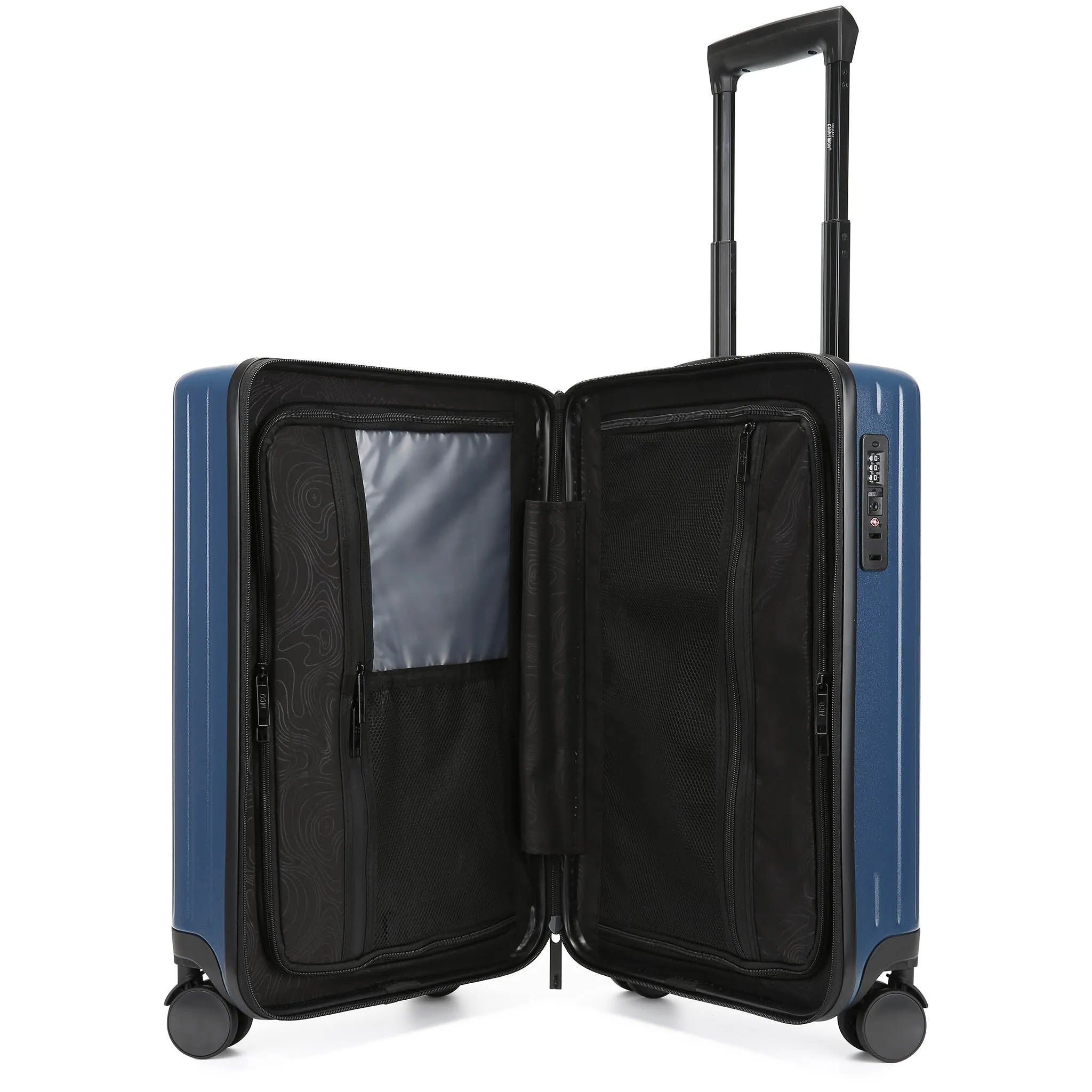 Blue suitcase with open front compartment on a white background