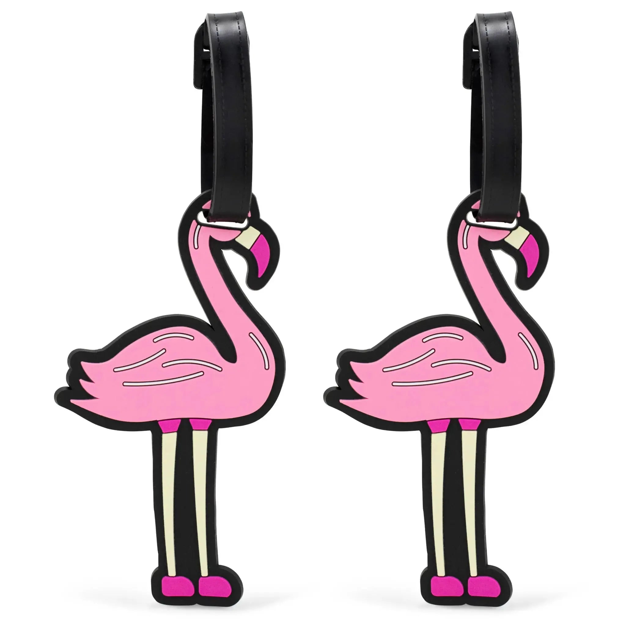 Two pink flamingo-shaped luggage tags on a white background