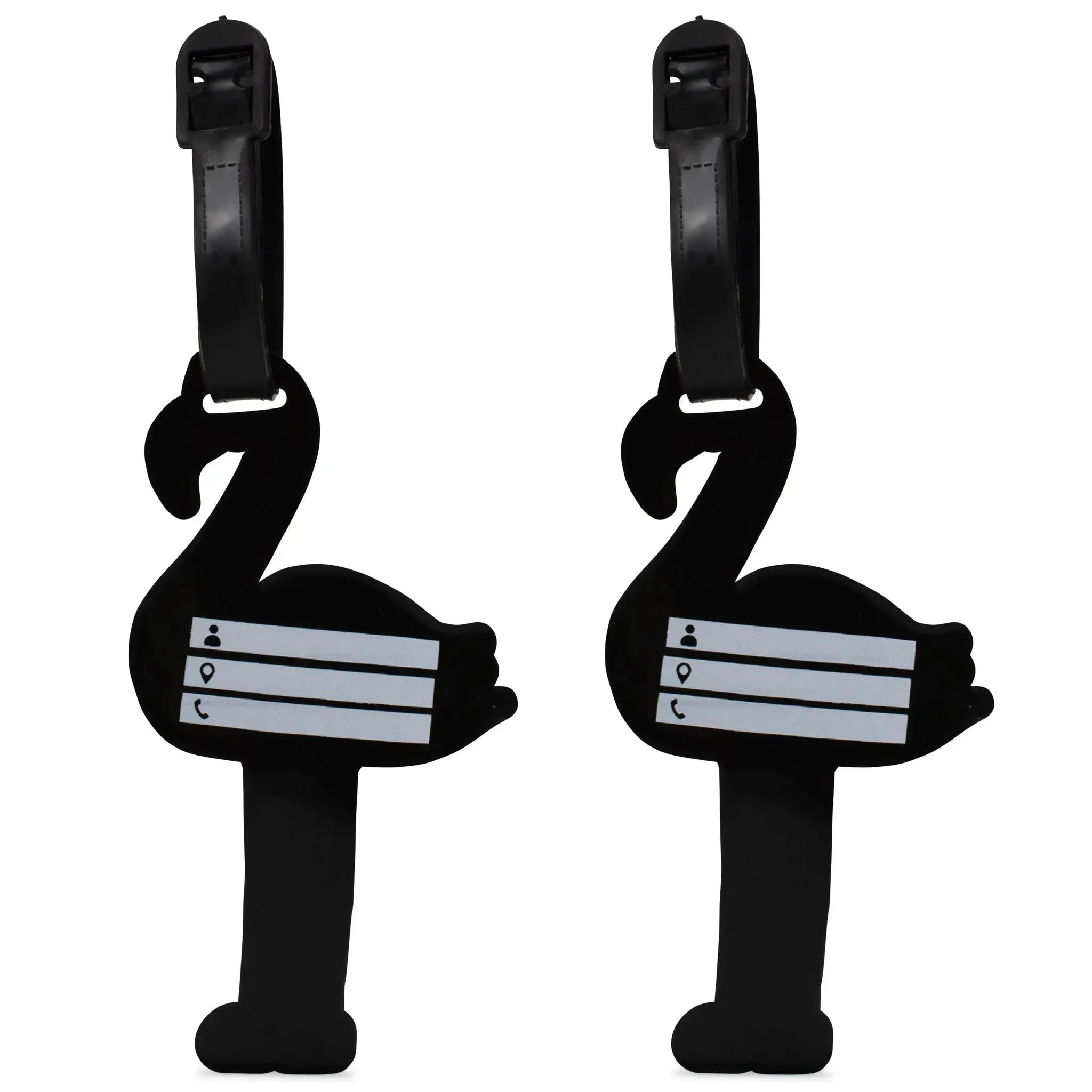 Two black swan-shaped luggage tags on a white background