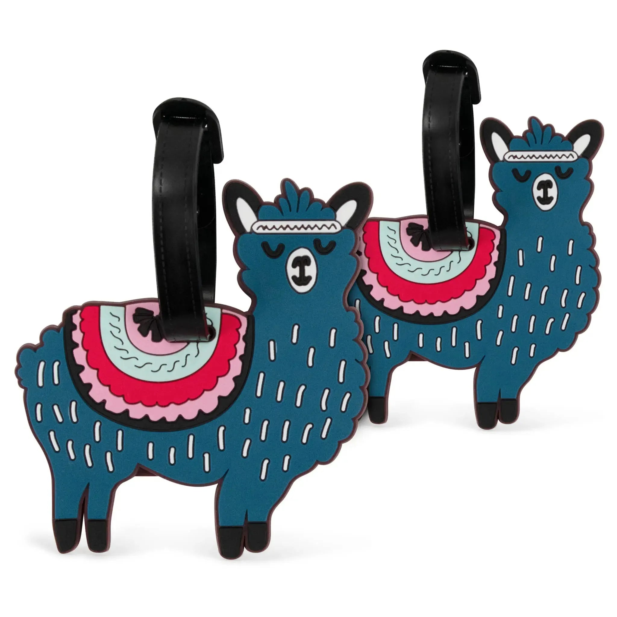 Two blue llama-shaped luggage tags with colorful accents on a white background