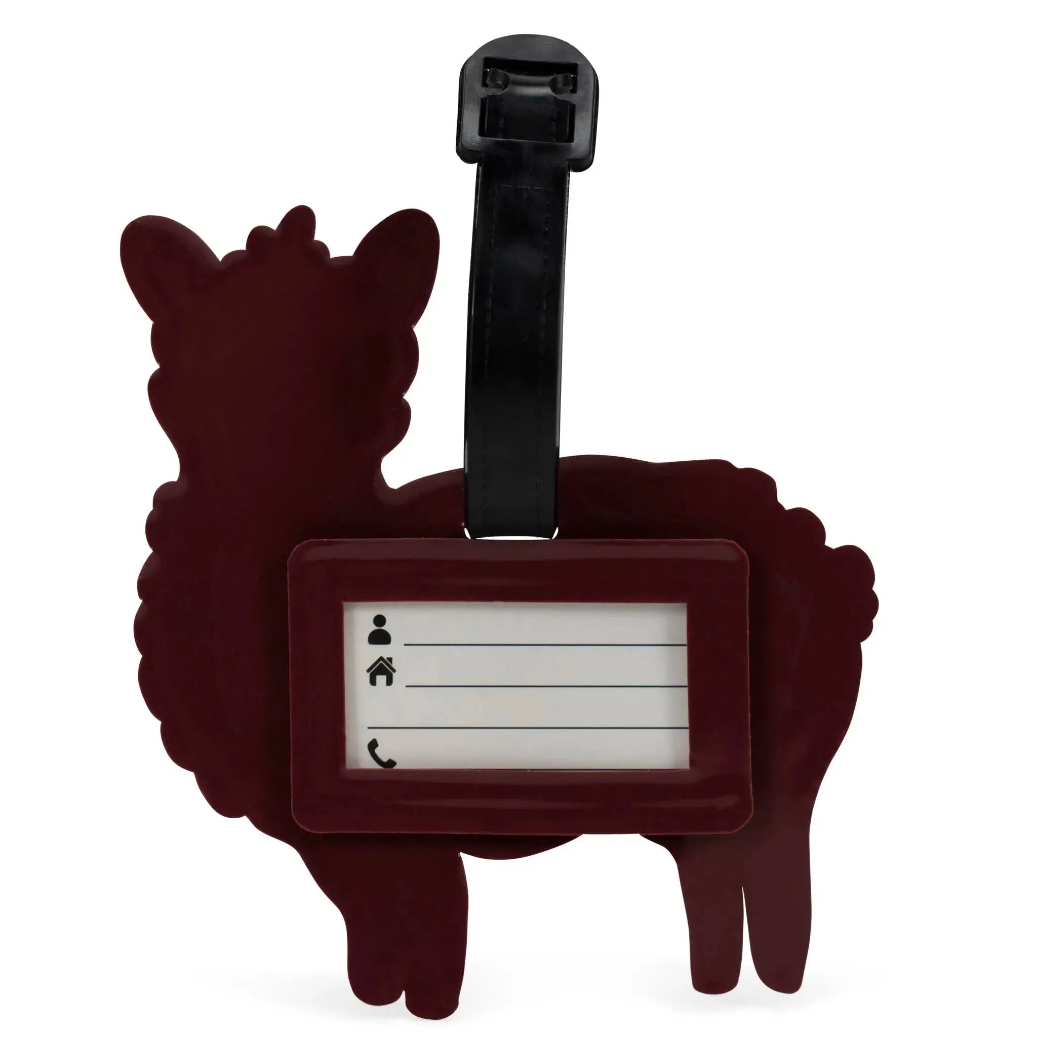 Llama-shaped luggage tag with a white label on a white background