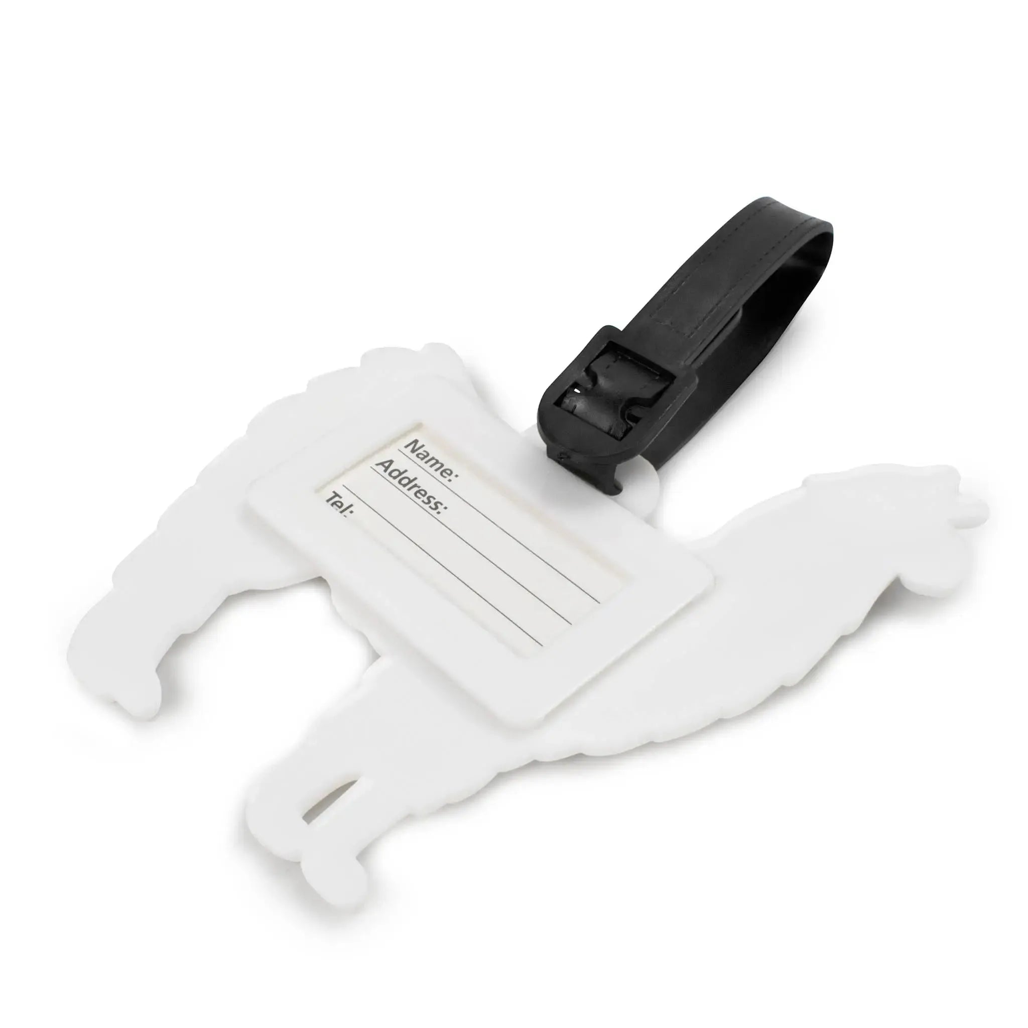 White fish-shaped luggage tag with black strap on a white background