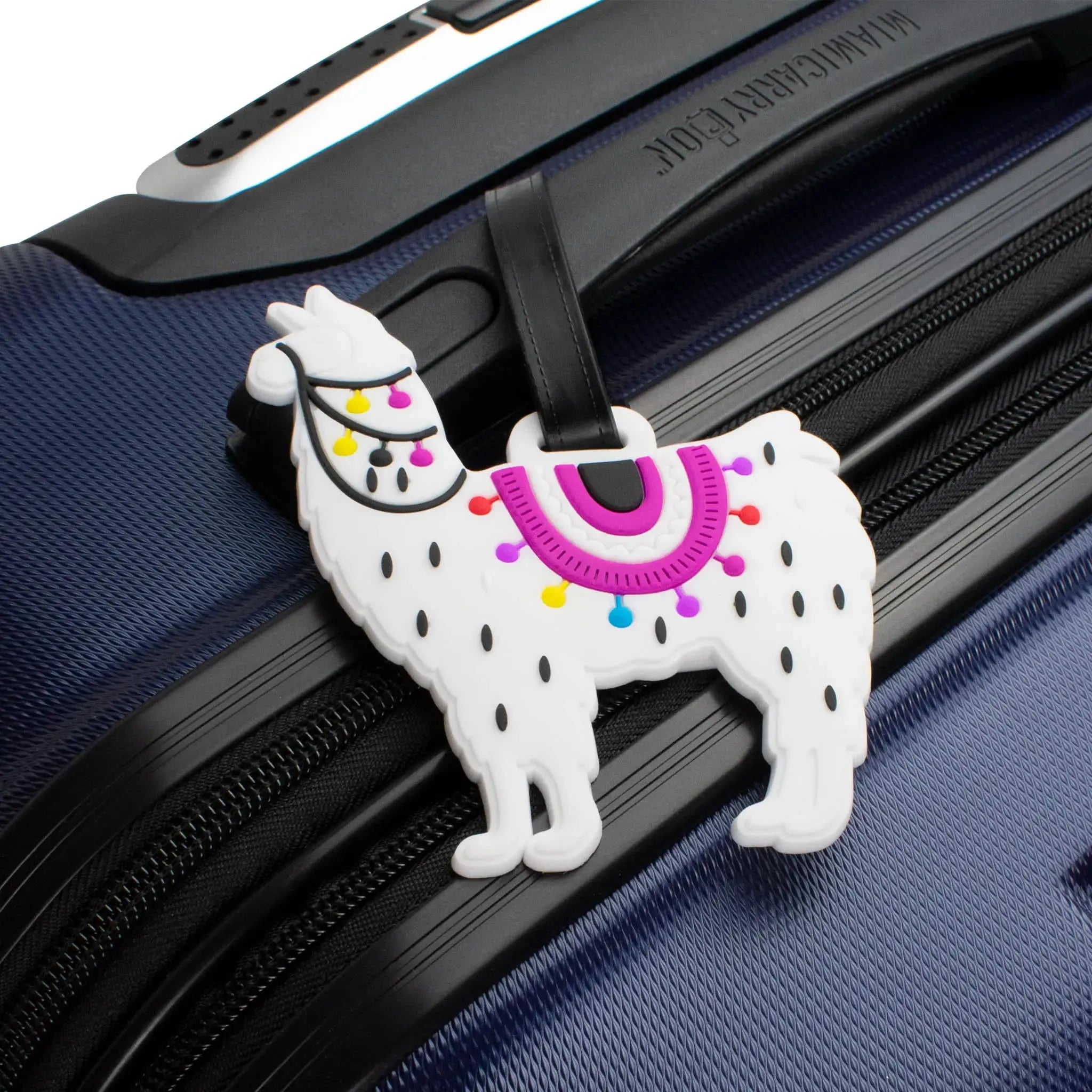 Llama-shaped luggage tag attached to a suitcase