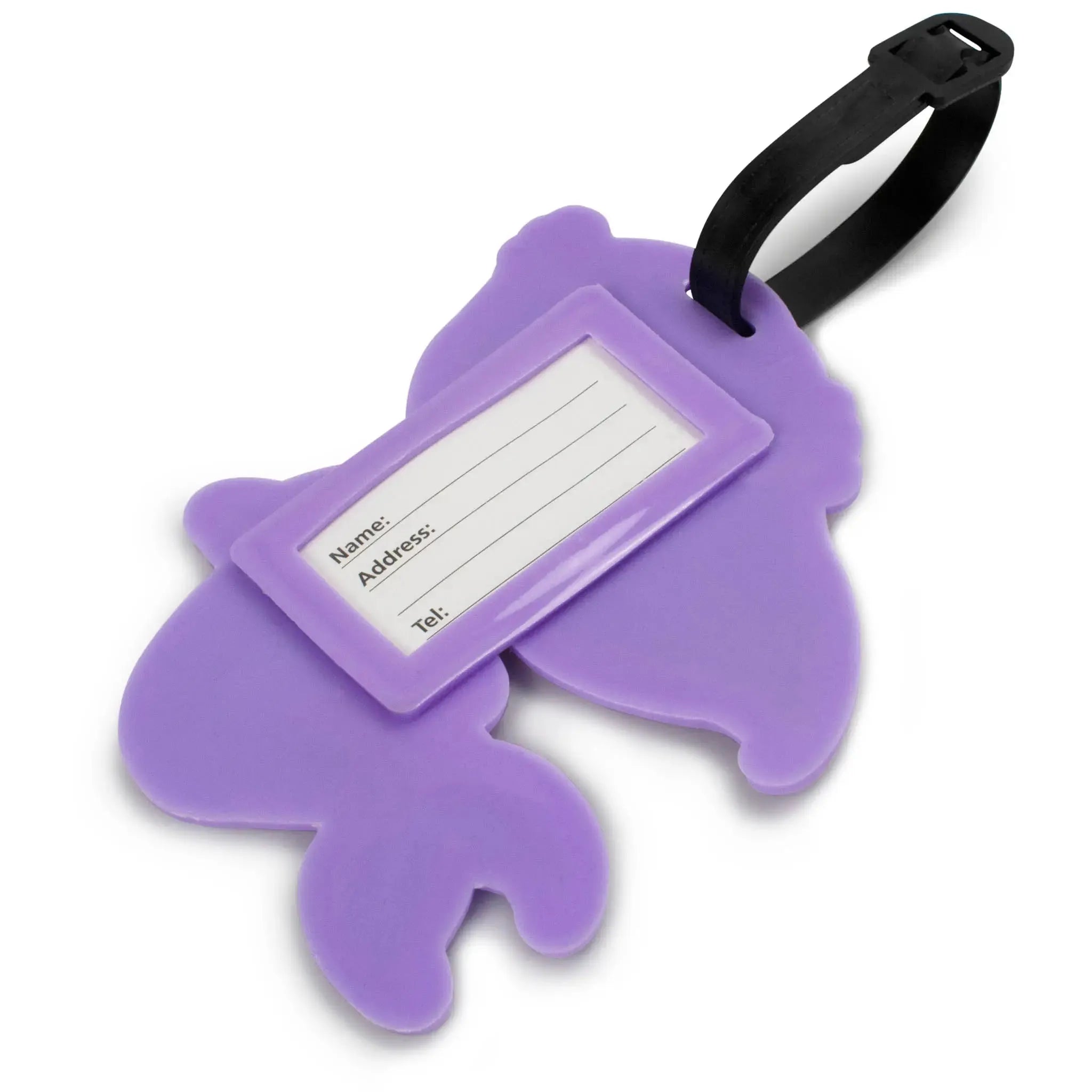 Purple luggage tag with a white label on a white background