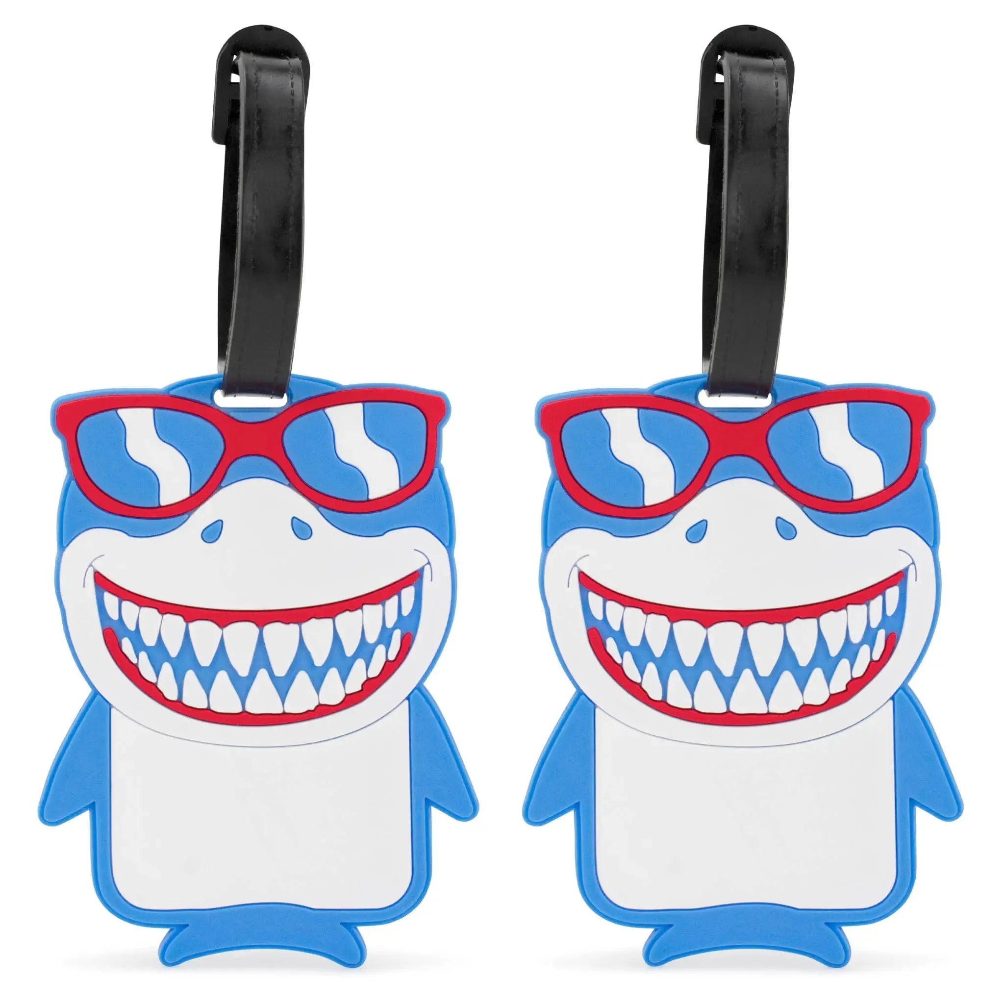 Two shark-shaped luggage tags with red sunglasses on a white background