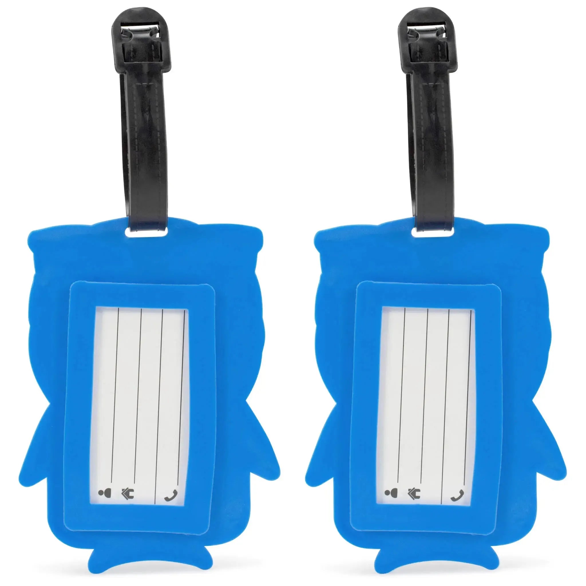 Two blue luggage tags with black straps on a white background