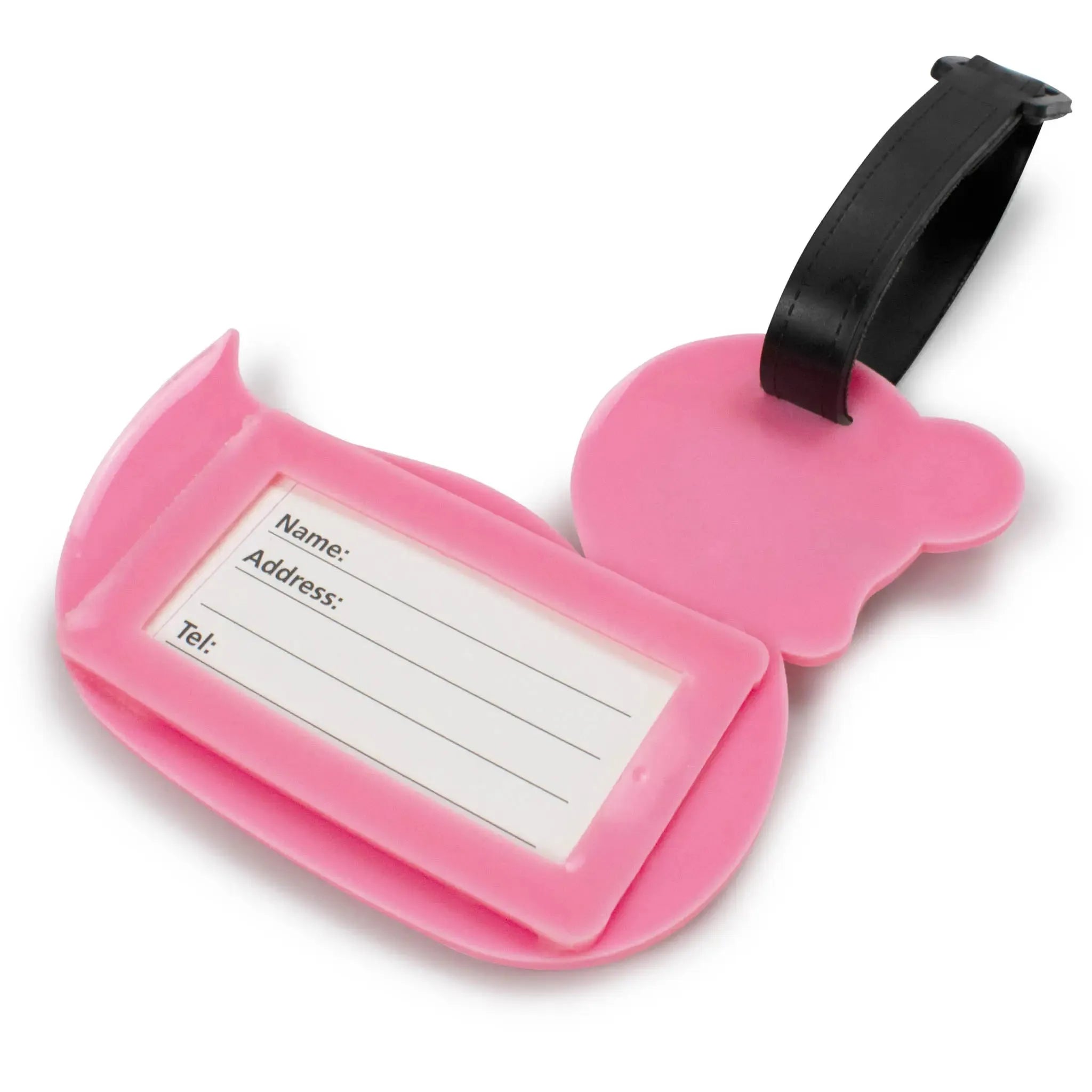 Pink luggage tag with a black handle on a white background