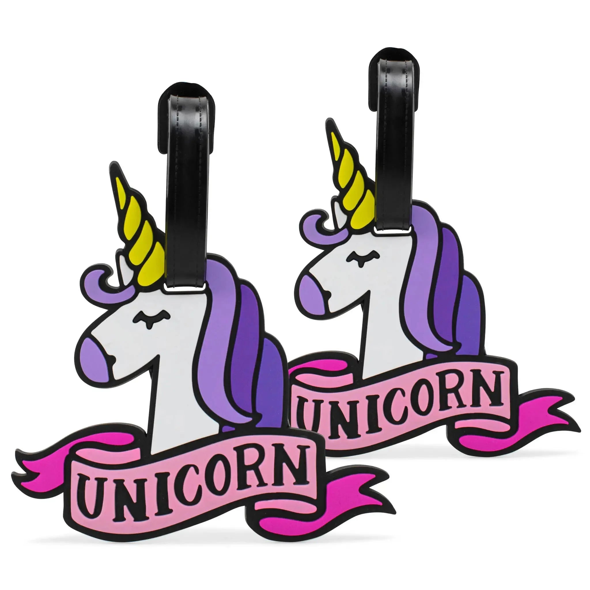 Two unicorn-themed luggage tags with pink banners and black hooks on a white background.