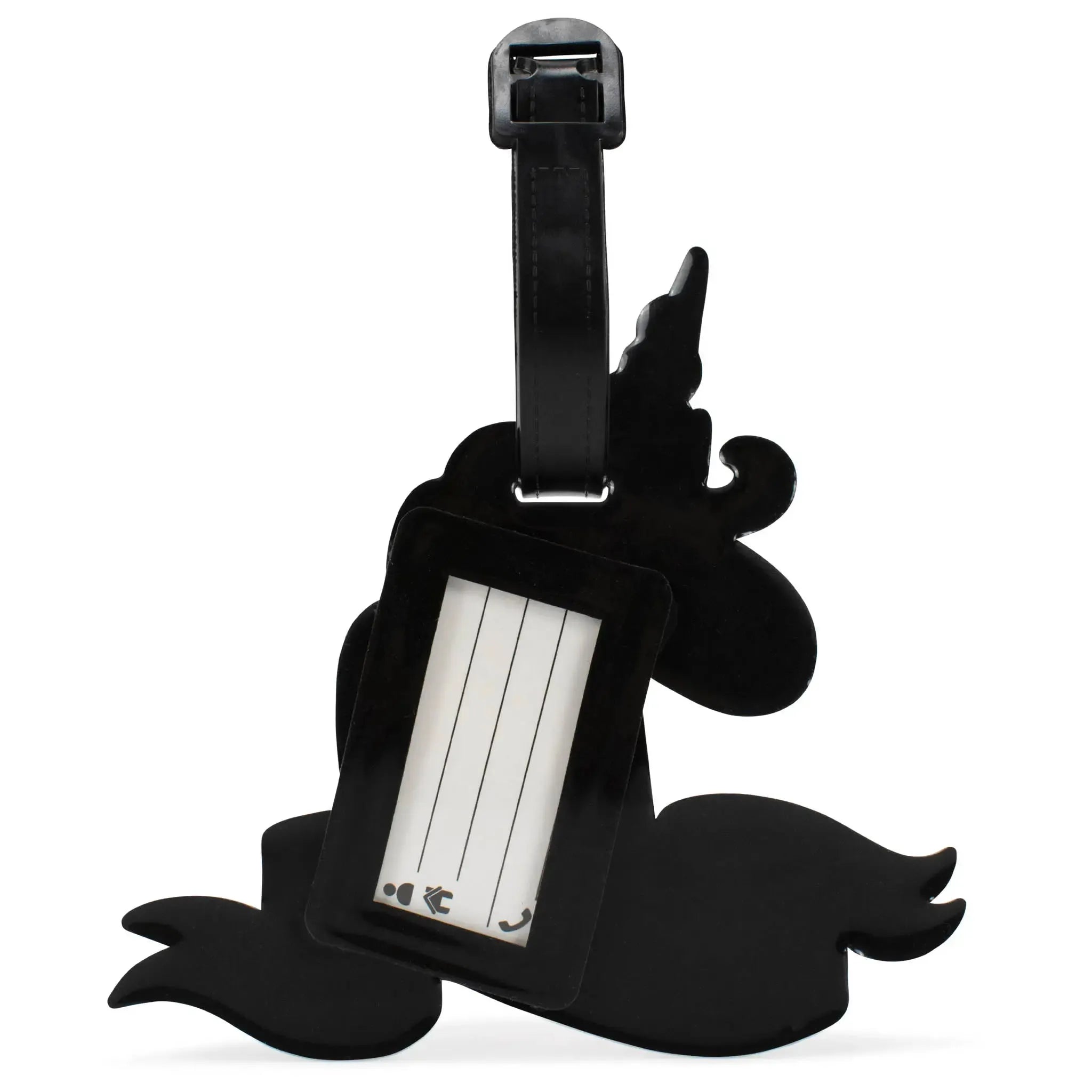 Black mustache-shaped luggage tag on a white background