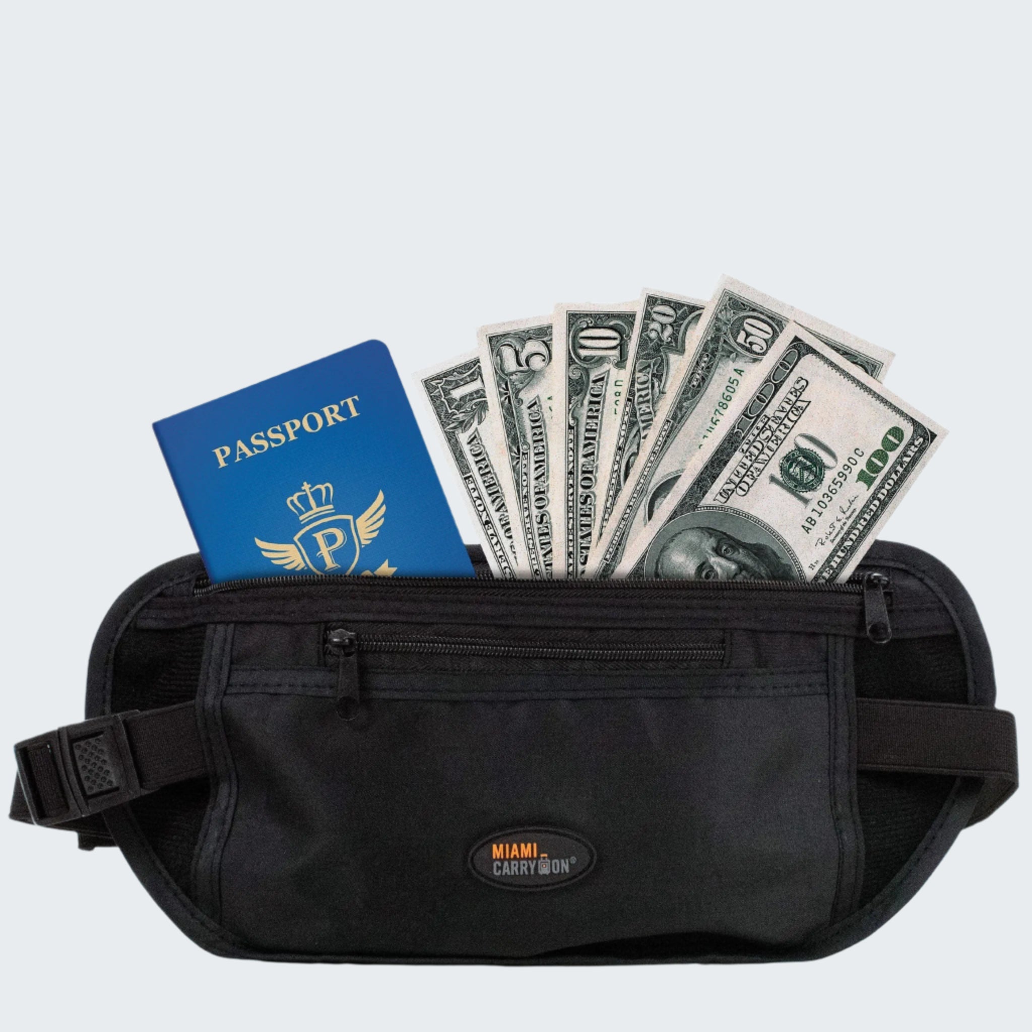 Black waist bag with passport and money on a white background