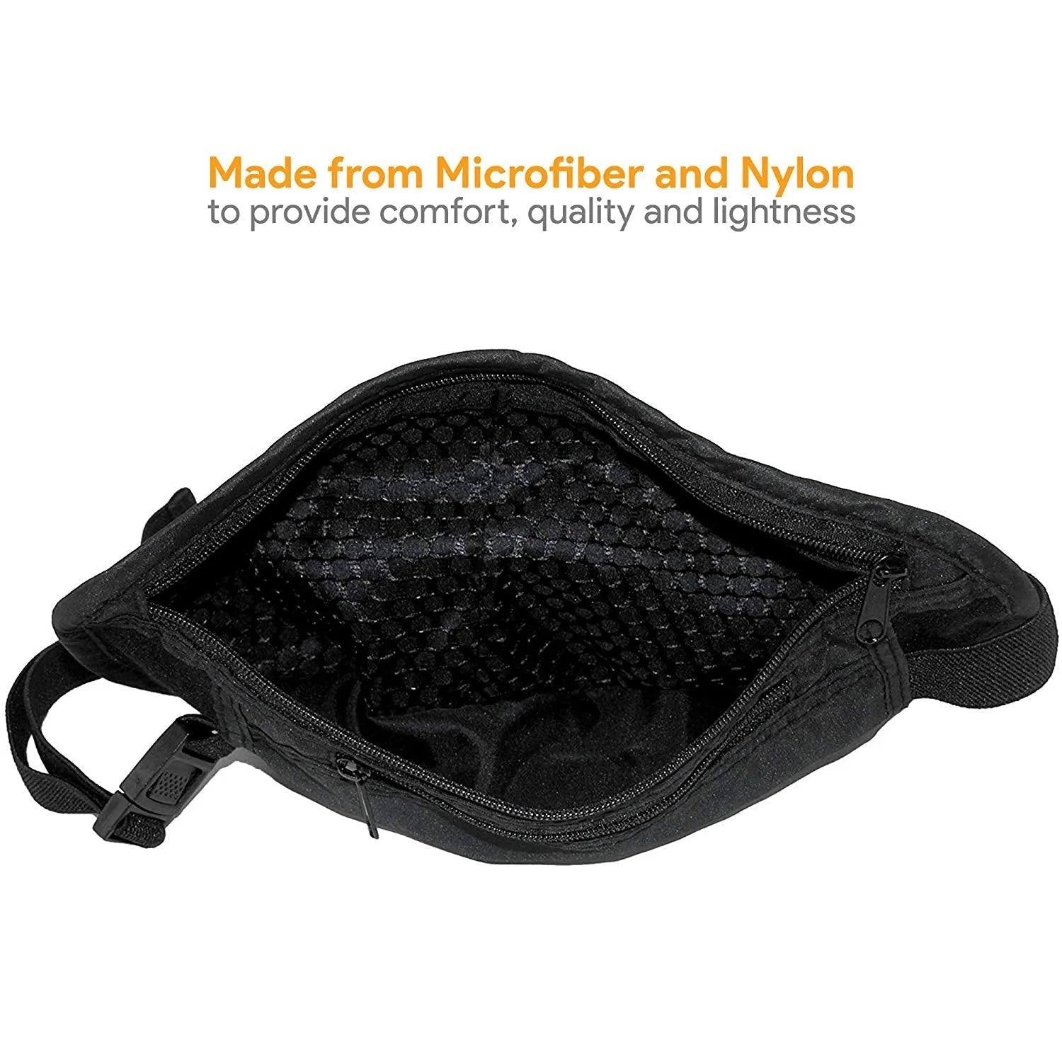 Black waist bag with text about material composition on a white background