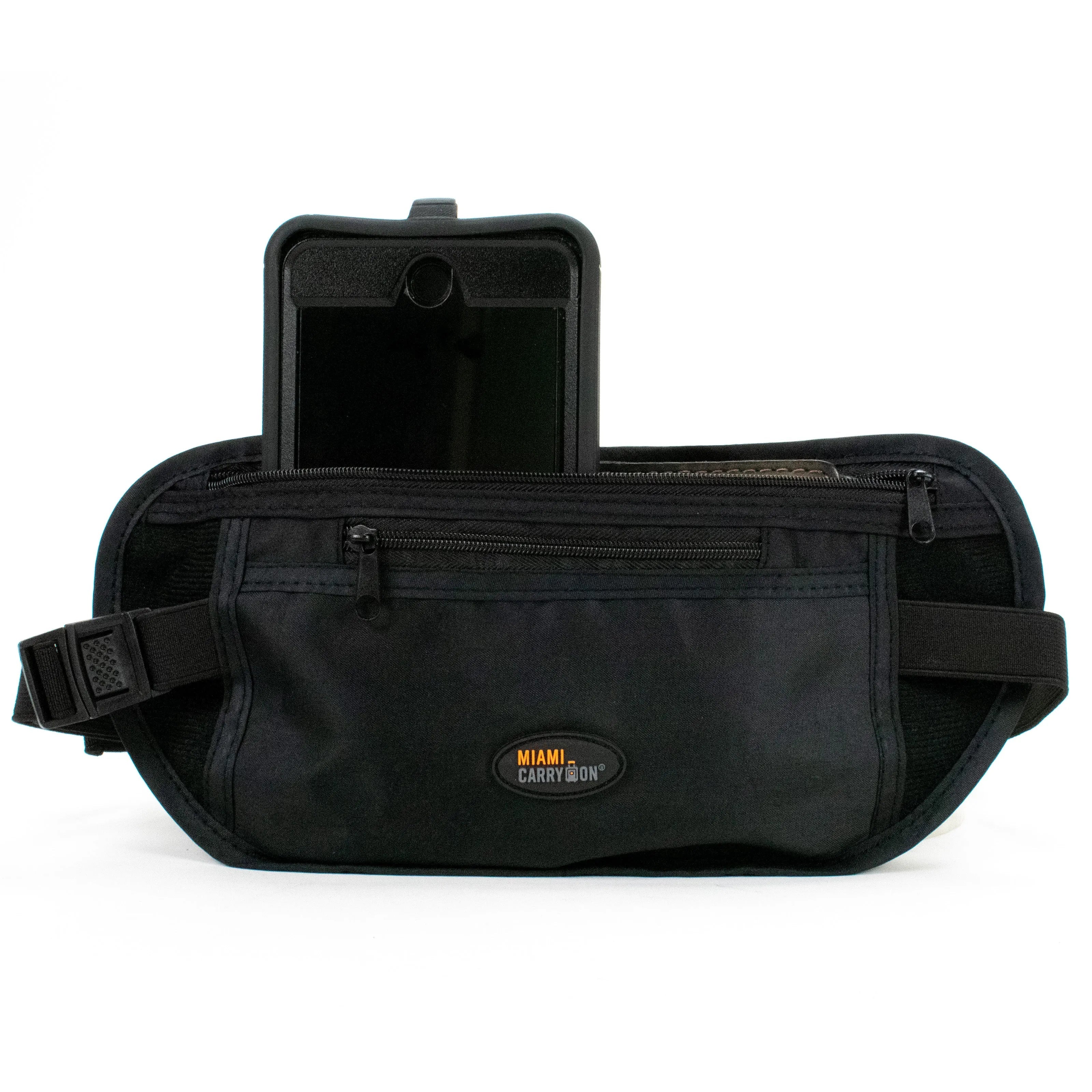 Black waist bag with a phone case on a white background
