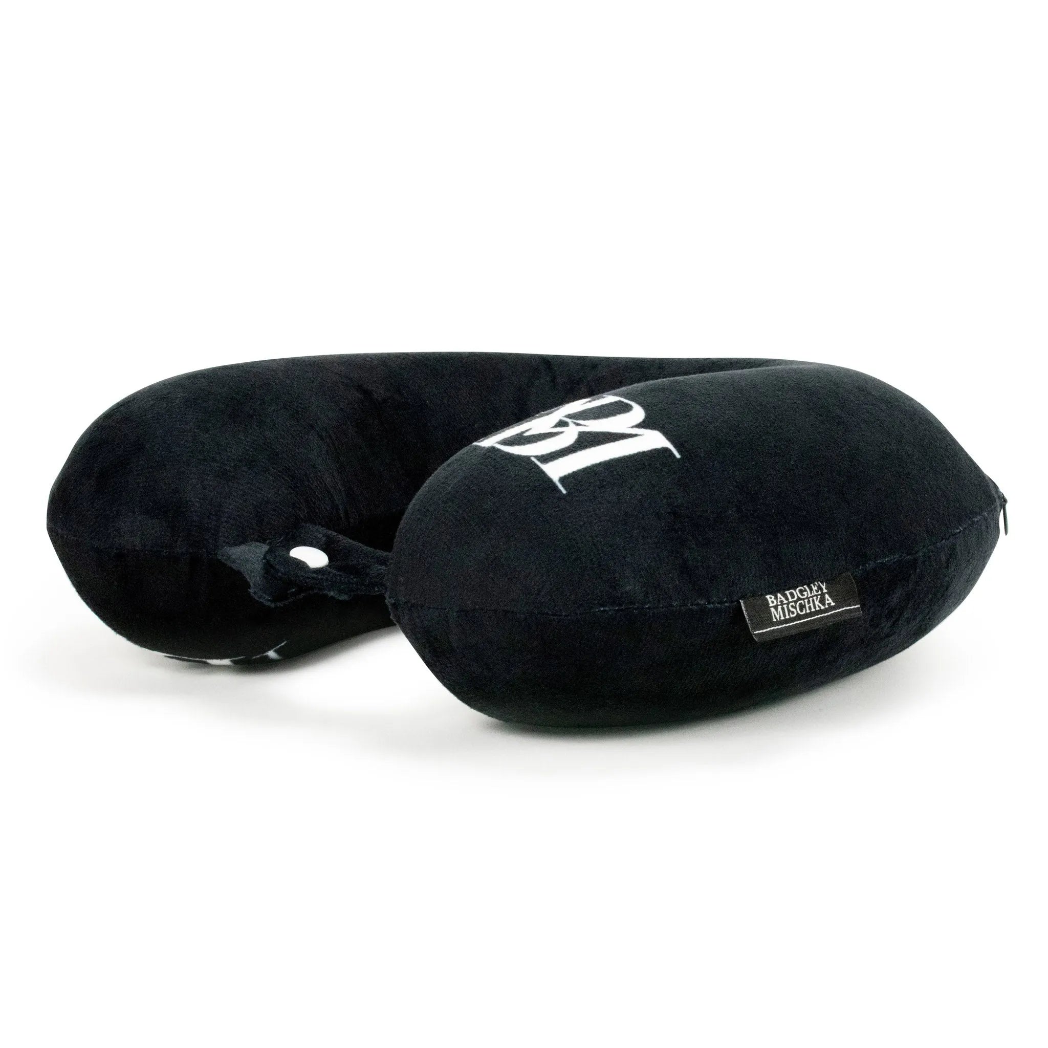 Black travel neck pillow with a logo on a white background