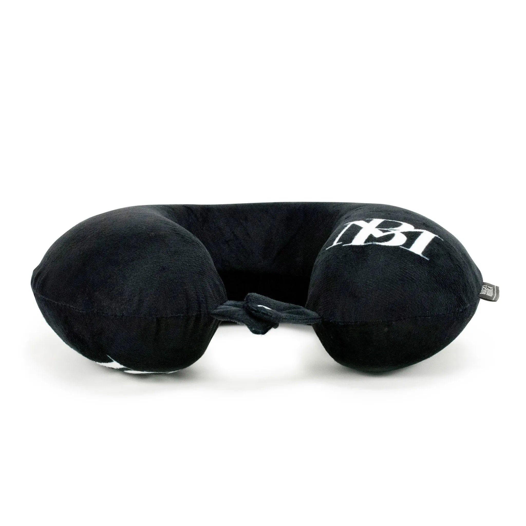 Black travel pillow with a brand logo on a white background