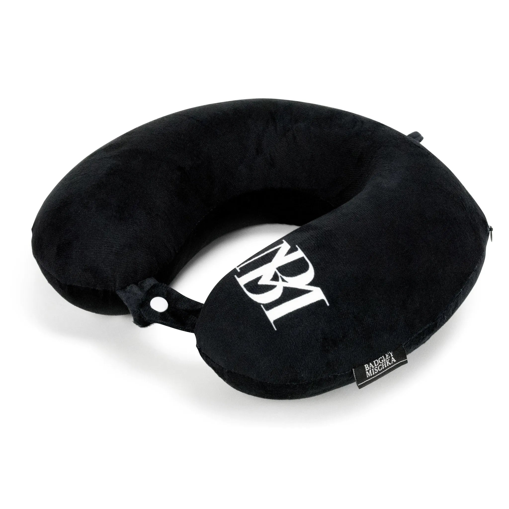 Black travel neck pillow with a logo on a white background