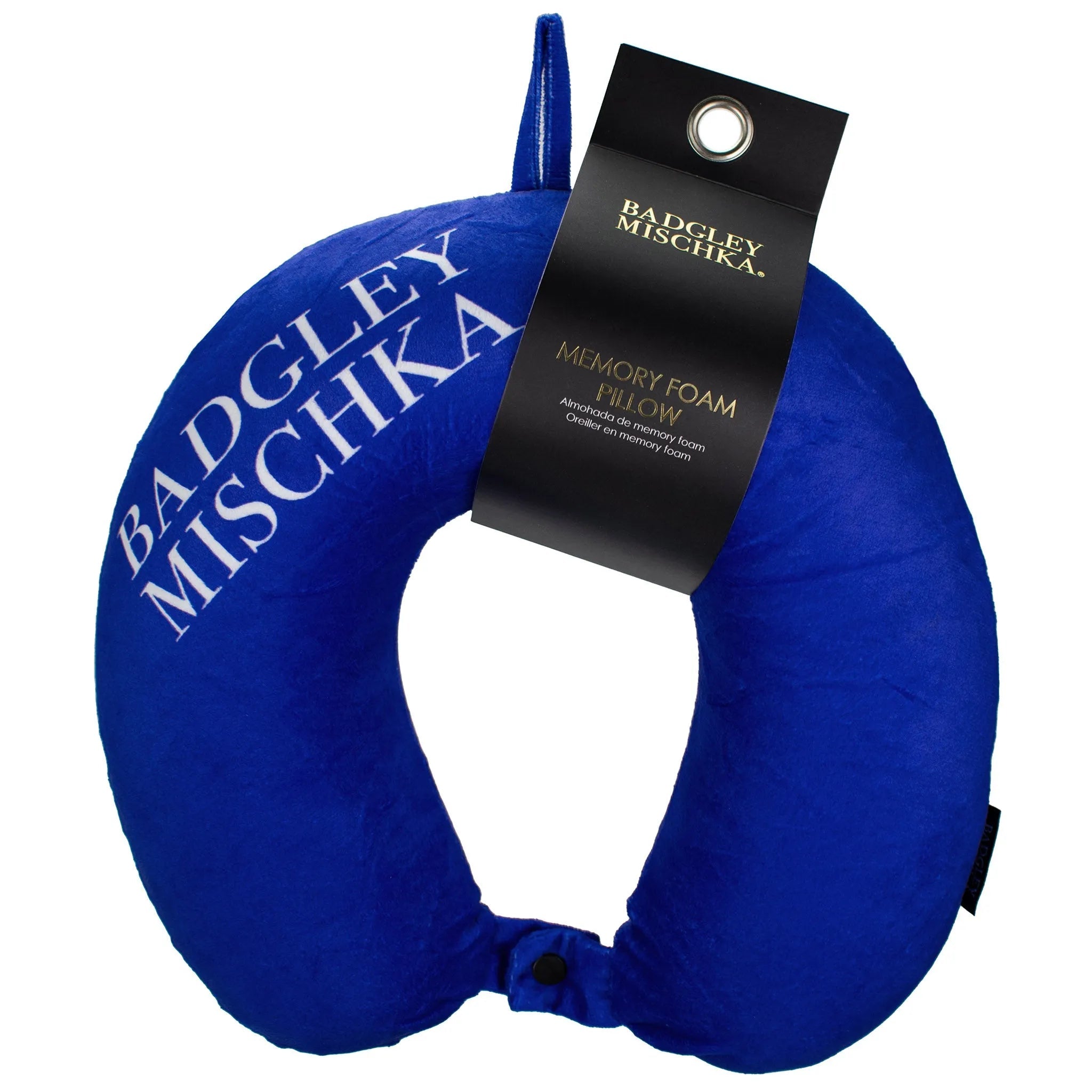 Blue neck pillow with 'Badgley Mischka' branding and a visible tag on a white background