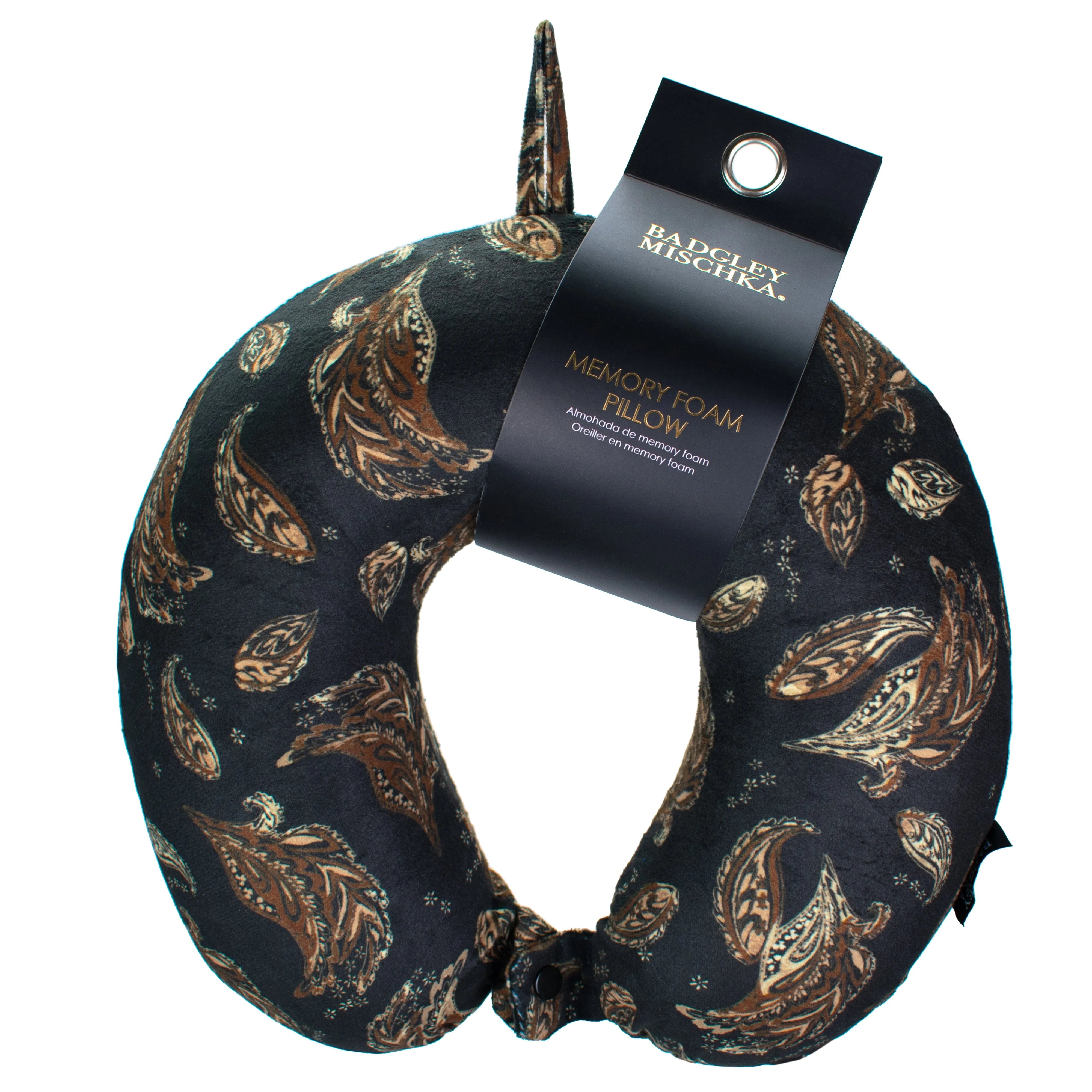 Patterned neck pillow with a Barneys New York tag on a white background