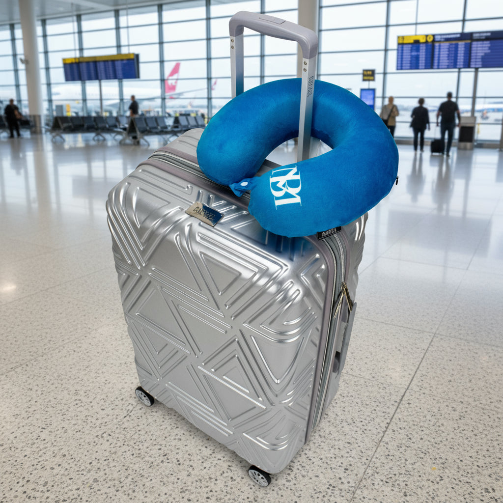 Silver suitcase with a blue cushion on top against a white background