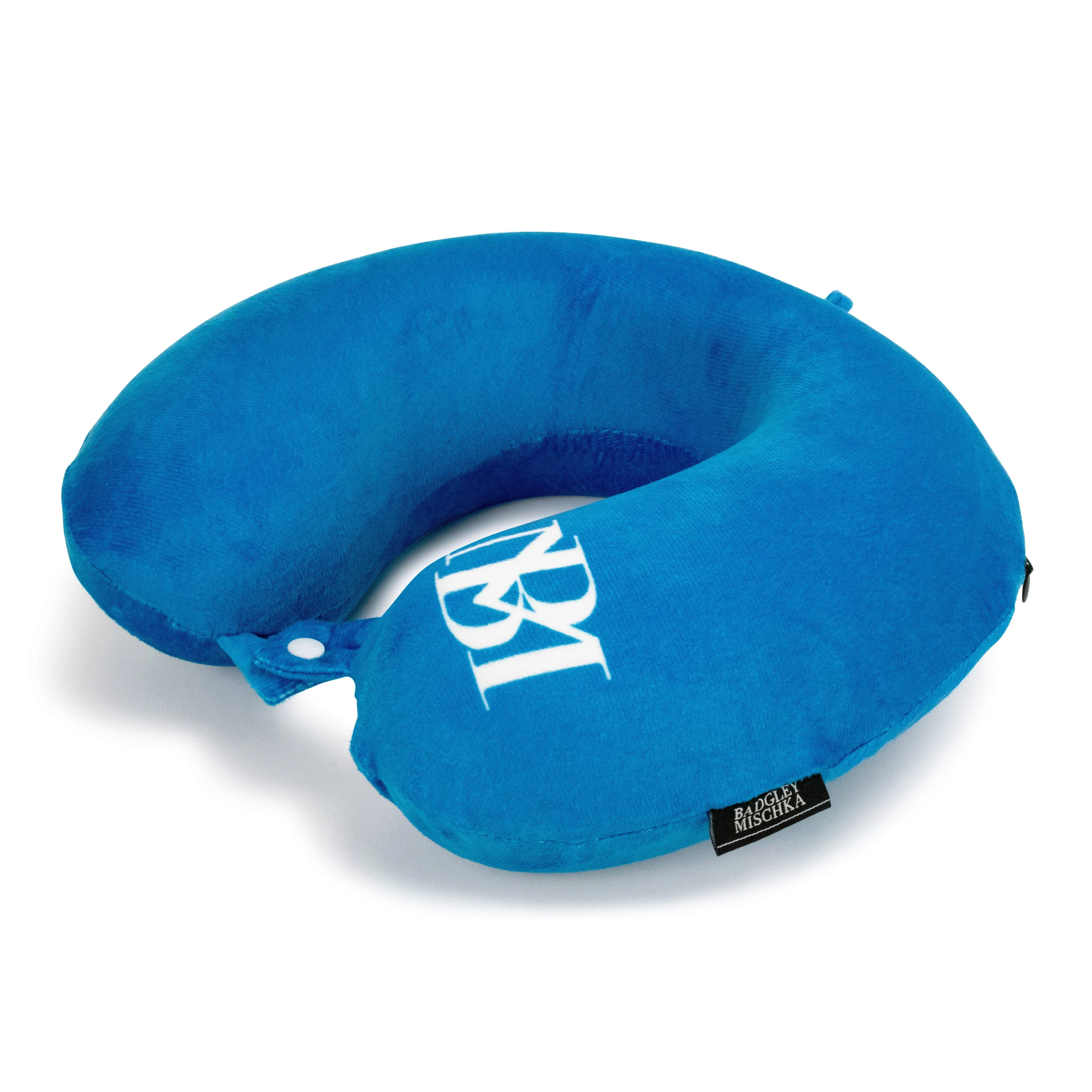 Blue travel neck pillow with a brand logo on a white background
