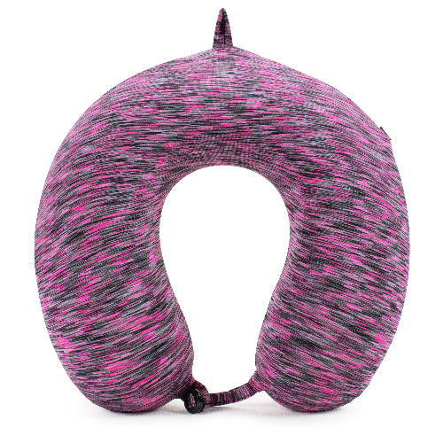 Neck pillow with pink and gray pattern on a white background