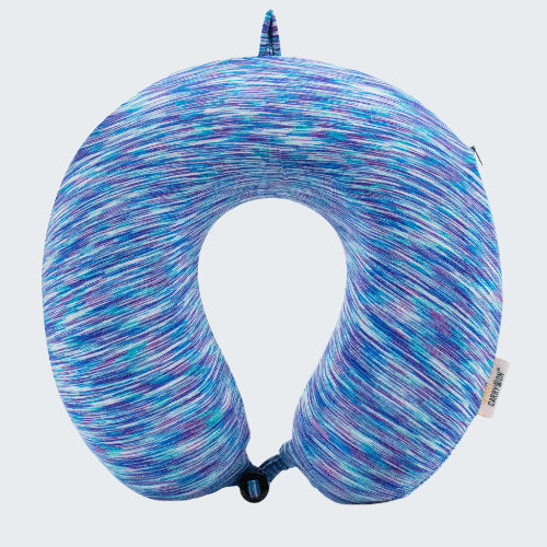 Blue and purple patterned travel neck pillow on a white background
