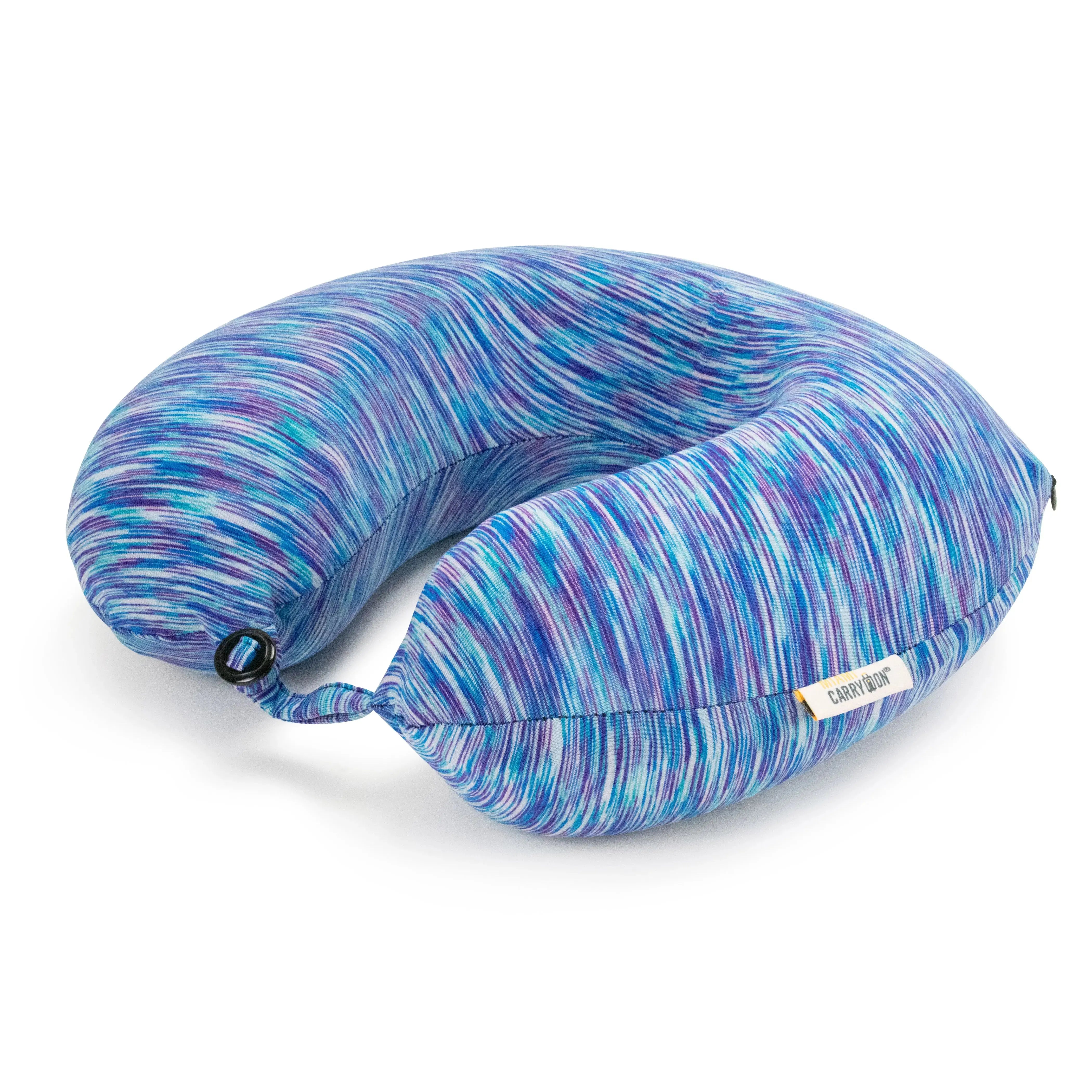 Blue and purple striped travel neck pillow on a white background