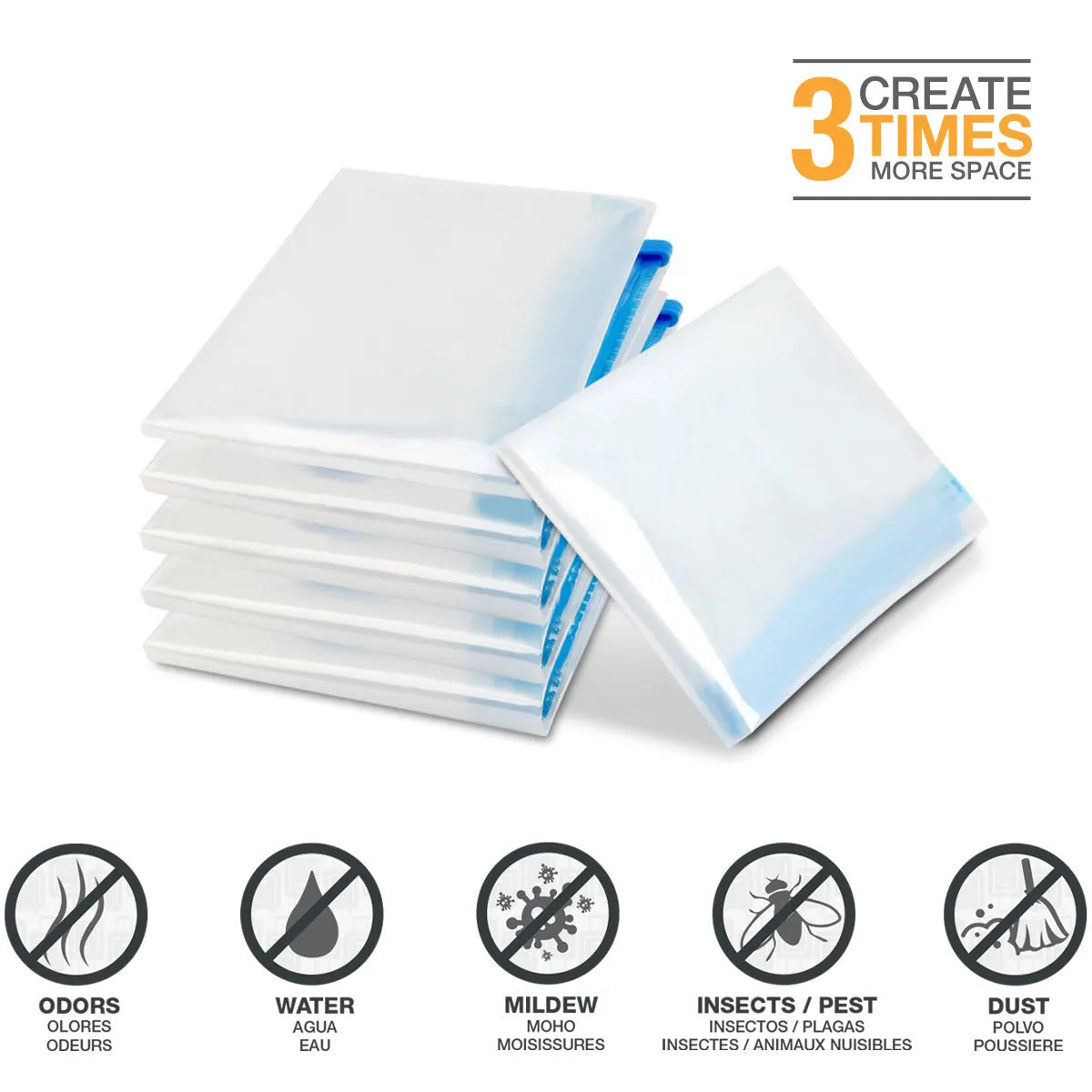 Stack of clear plastic bags with blue edges on a white background, featuring icons and text about product features.
