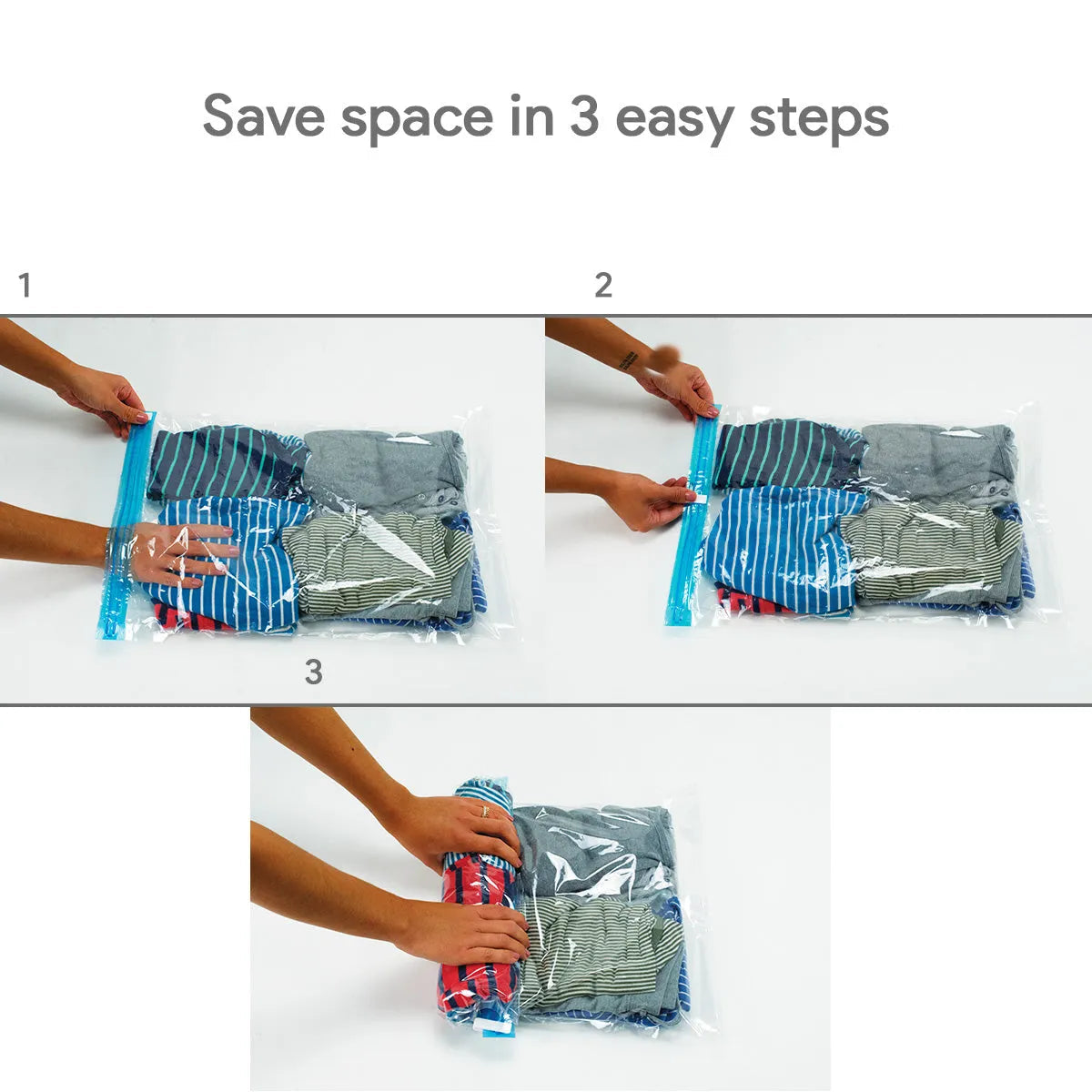Step-by-step guide on how to use a compression bag with folded clothes.