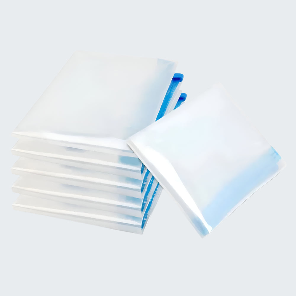 Stack of clear plastic bags with blue sealing strip on a white background