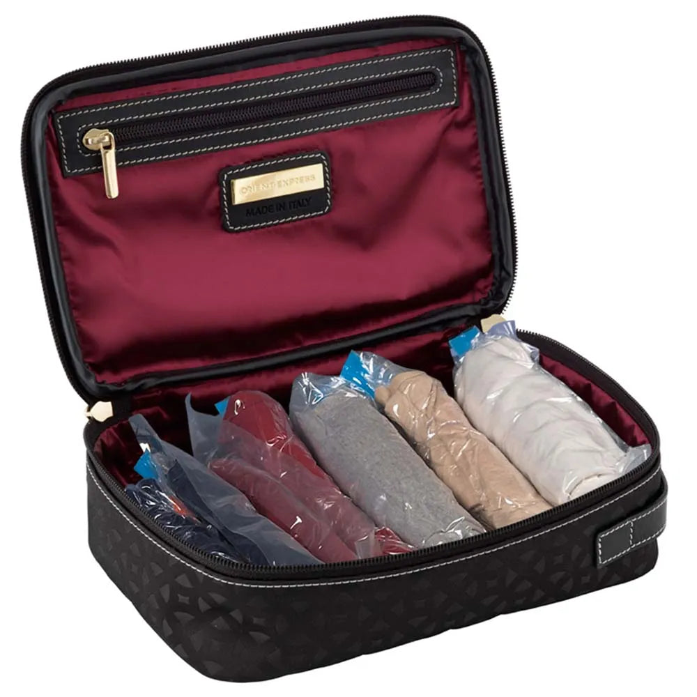 Open travel case with maroon interior containing various colored bottles.