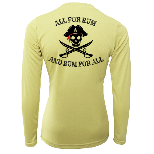 Yellow long-sleeve shirt with a pirate design and text on the back against a white background