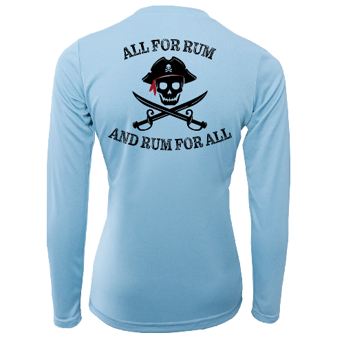 Light blue long-sleeve shirt with pirate design and text on the back against a white background