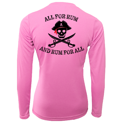 Pink long-sleeve shirt with a skull and crossbones design and text on the back against a white background.
