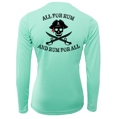 Mint green long-sleeve shirt with pirate-themed text and graphics on the back.