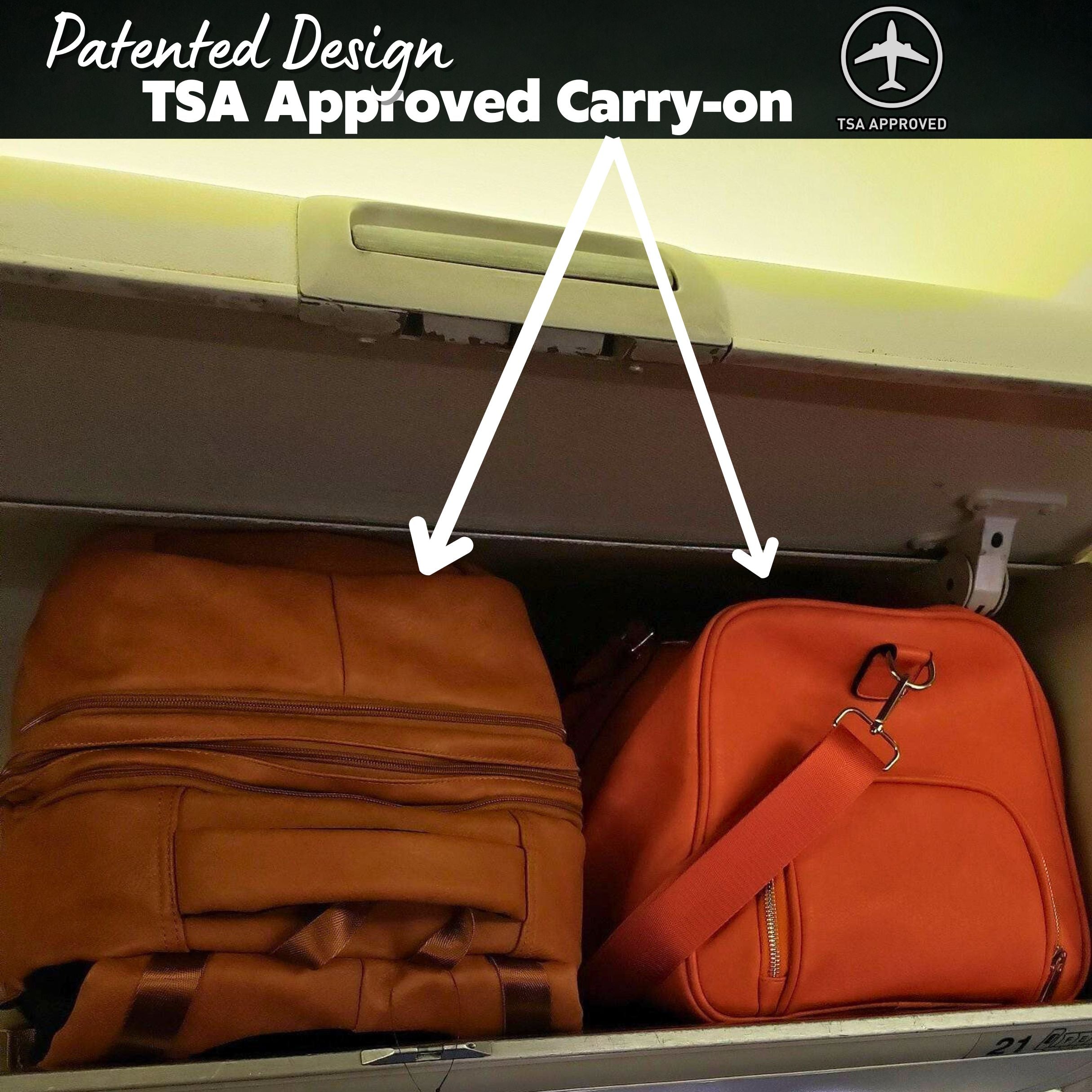 Two suitcases, one brown and one orange, under an airplane seat with 'TSA Approved Carry-on' text above.