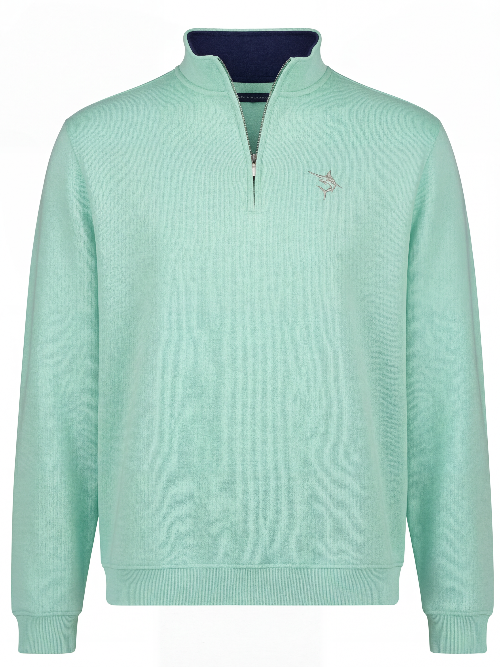 Light blue pullover with a small logo on a white background