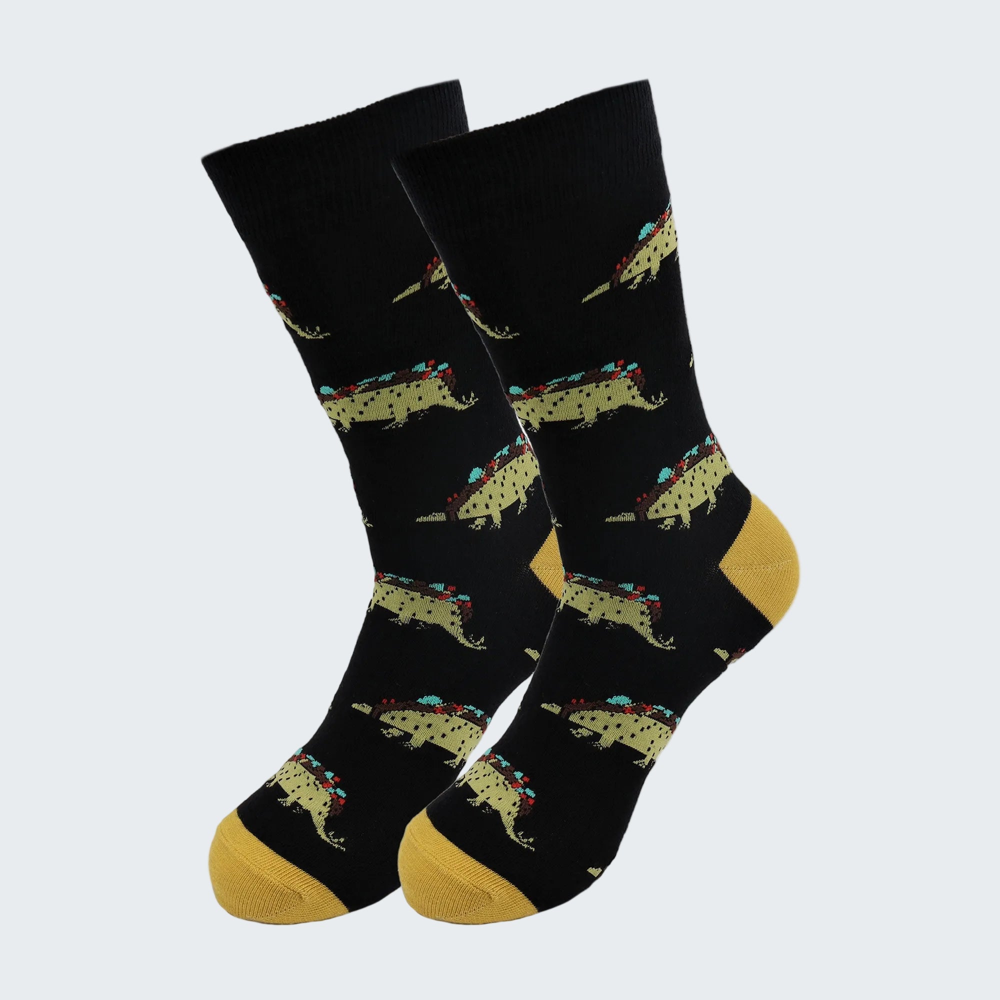 Black socks with dog pattern and yellow accents on a white background