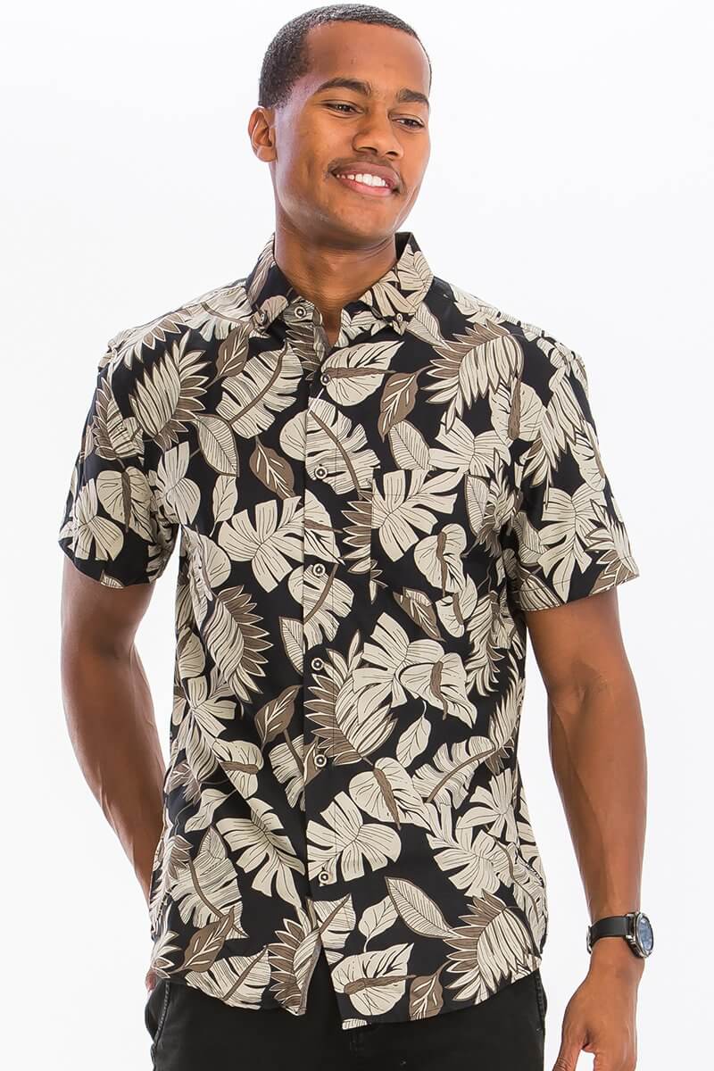 Tan Palm Hawaiian Print Button Down Shirt